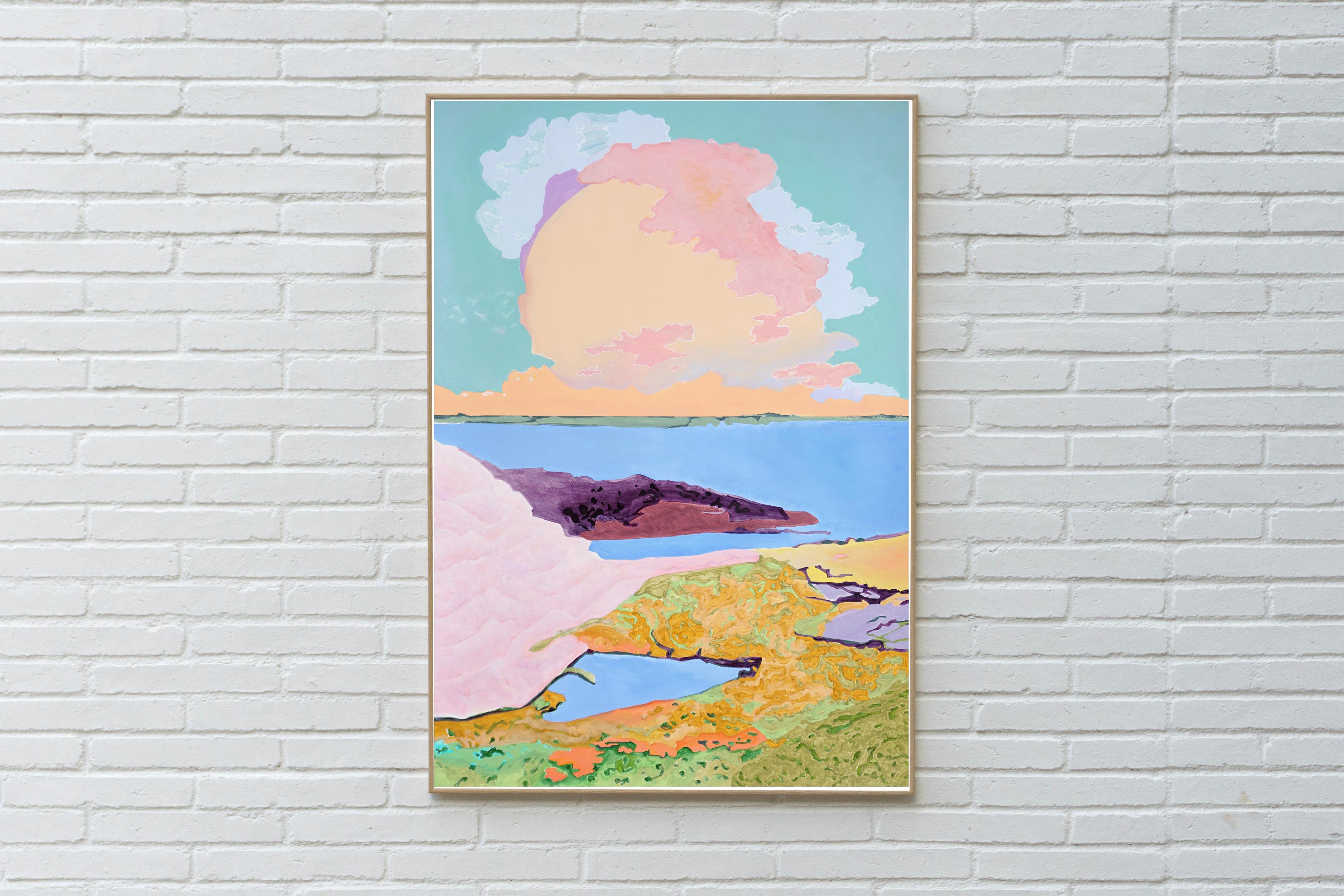Orizzonte verde, Costa tranquilla, Paesaggio surreale su carta, Costa dai toni pastello - Painting di Alexandra Czierpka