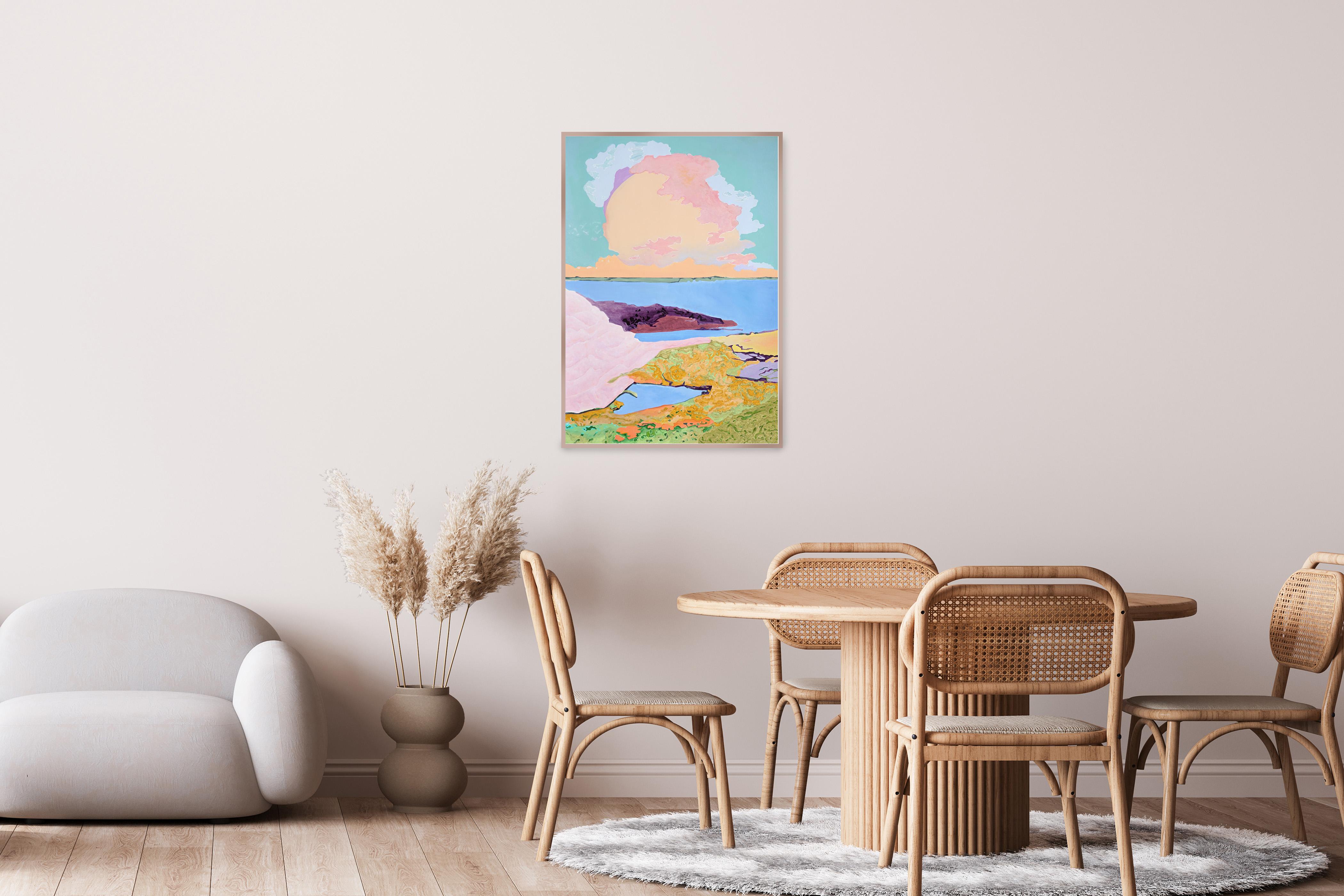 Orizzonte verde, Costa tranquilla, Paesaggio surreale su carta, Costa dai toni pastello - Painting Postimpressionismo di Alexandra Czierpka