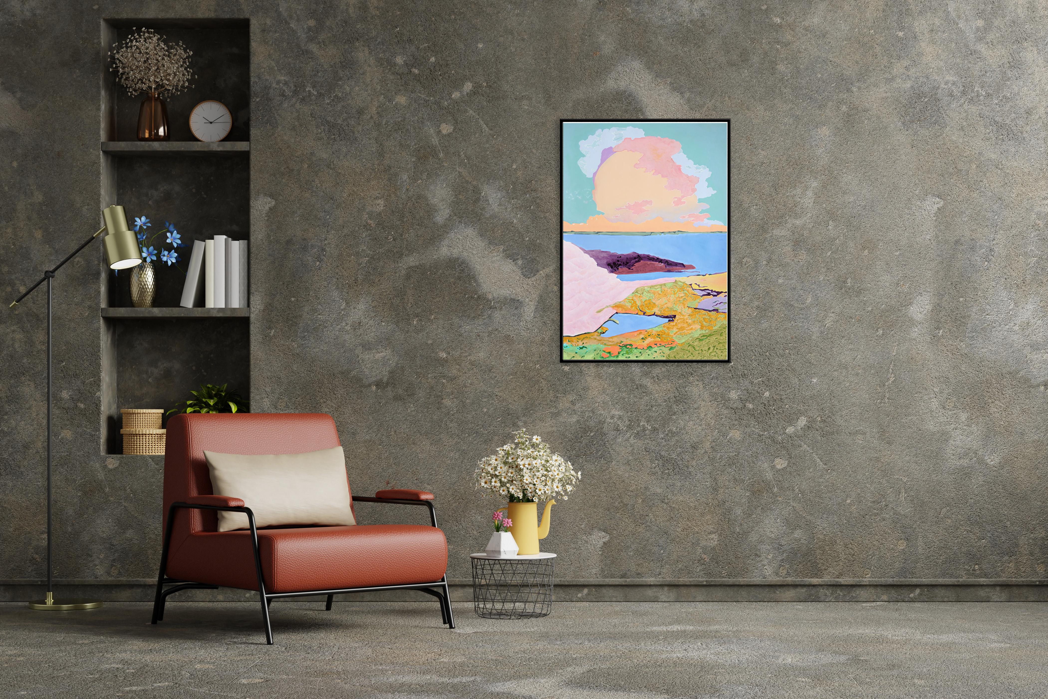 Questo è un bellissimo paesaggio dipinto da Alexandra Czierpka. Riducendo il colore e la forma all'essenziale, invita l'osservatore a contemplare l'armonia tra l'uomo e la natura. Texture morbide, linee dure e forme fluide si fondono in contorni