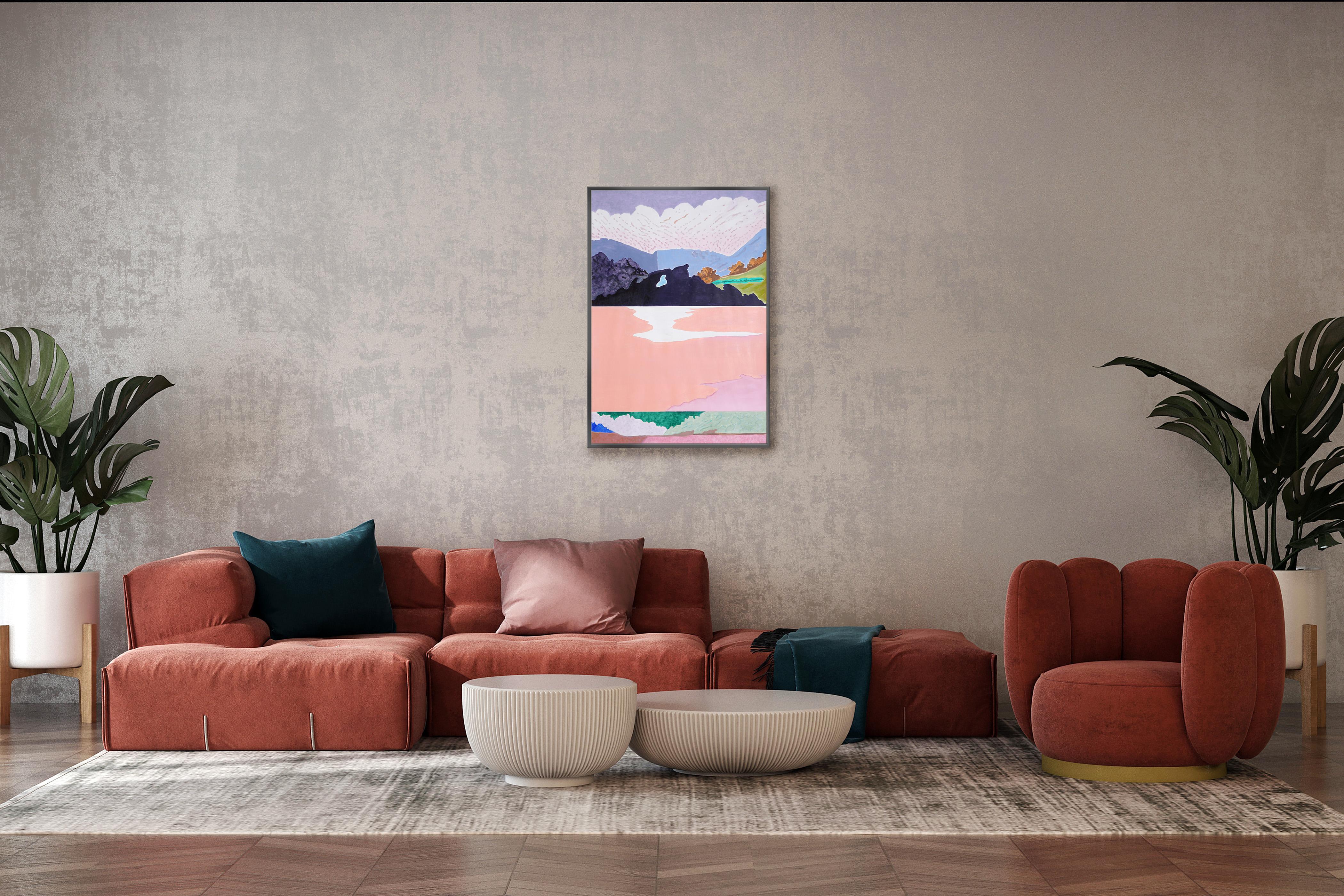 Questo è un bellissimo paesaggio dipinto da Alexandra Czierpka. Riducendo il colore e la forma all'essenziale, invita l'osservatore a contemplare l'armonia tra l'uomo e la natura. Texture morbide, linee dure e forme fluide si fondono in contorni