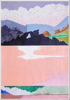 Paesaggio in stile illustrazione, pittura con toni pastello, carta acquerello, astrattismo