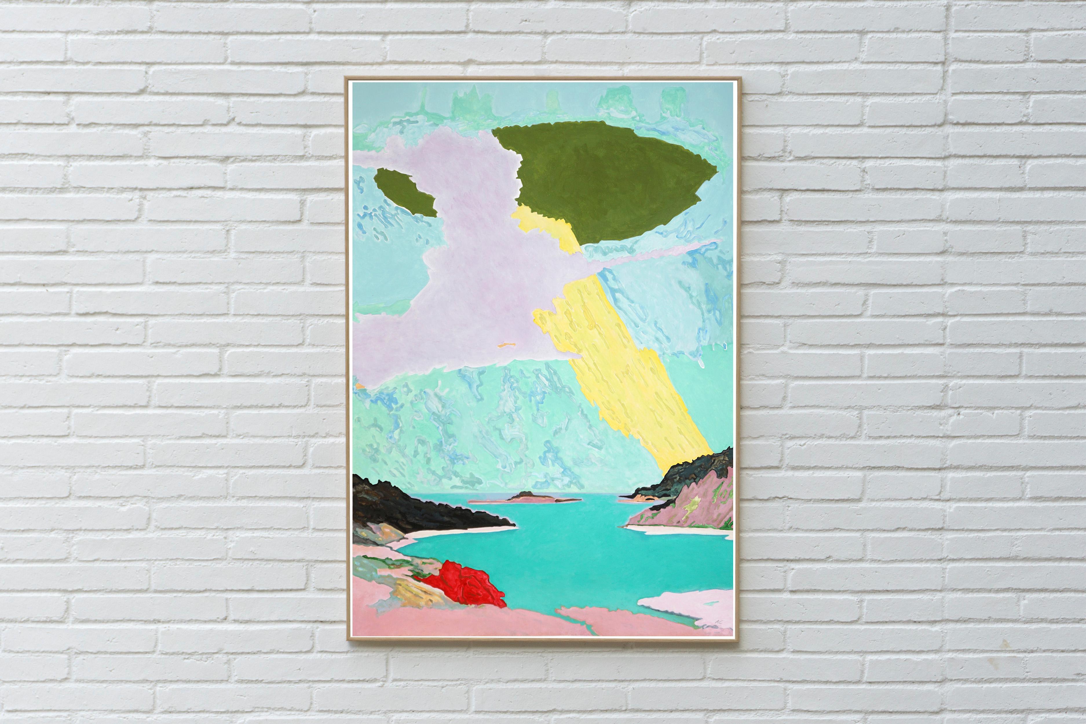 Light's Silent Discourse, Fauvist Storm, Surreal Landscape in Turquoise, Paper - Green Figurative Painting by Alexandra Czierpka