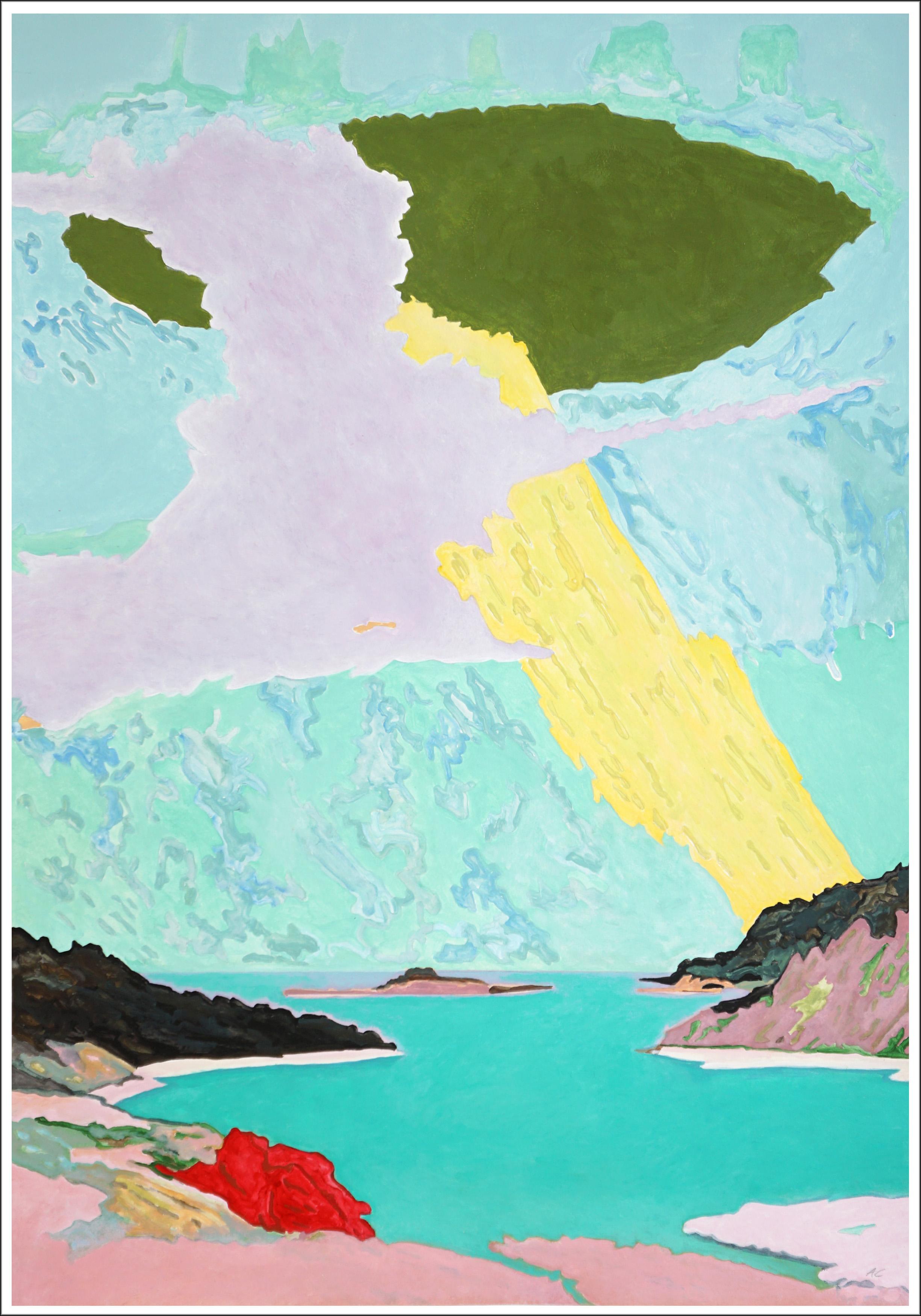 This is a beautiful landscape painting by Alexandra Czierpka. By reducing color and form to their essentials, she invites the observer to contemplate the harmony between humans and nature. Smooth textures, hard lines, and flowing forms merge into