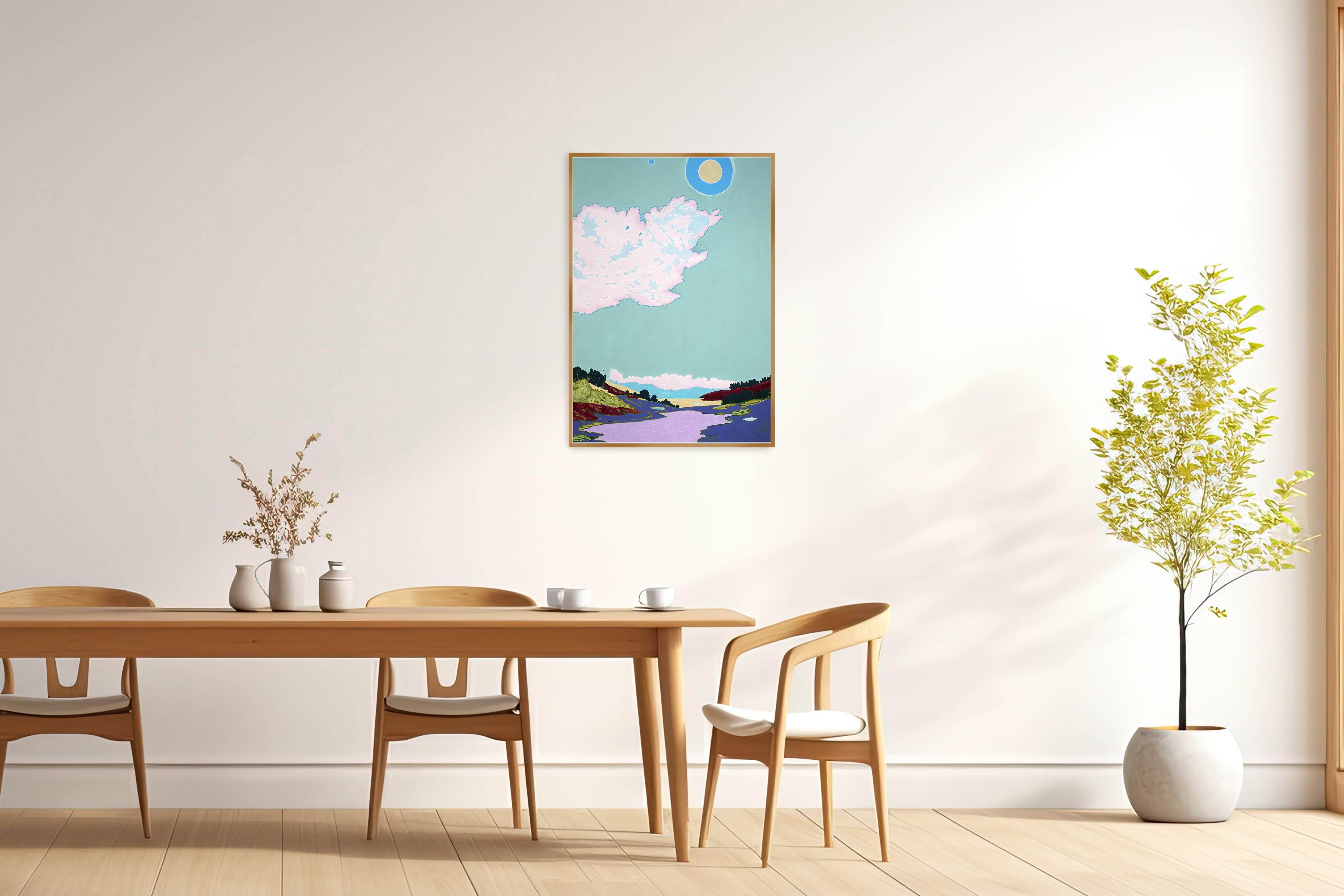 Logica della coincidenza, fase lunare, paesaggio fauvista, cielo surreale, lago della prateria - Painting Naturalismo di Alexandra Czierpka