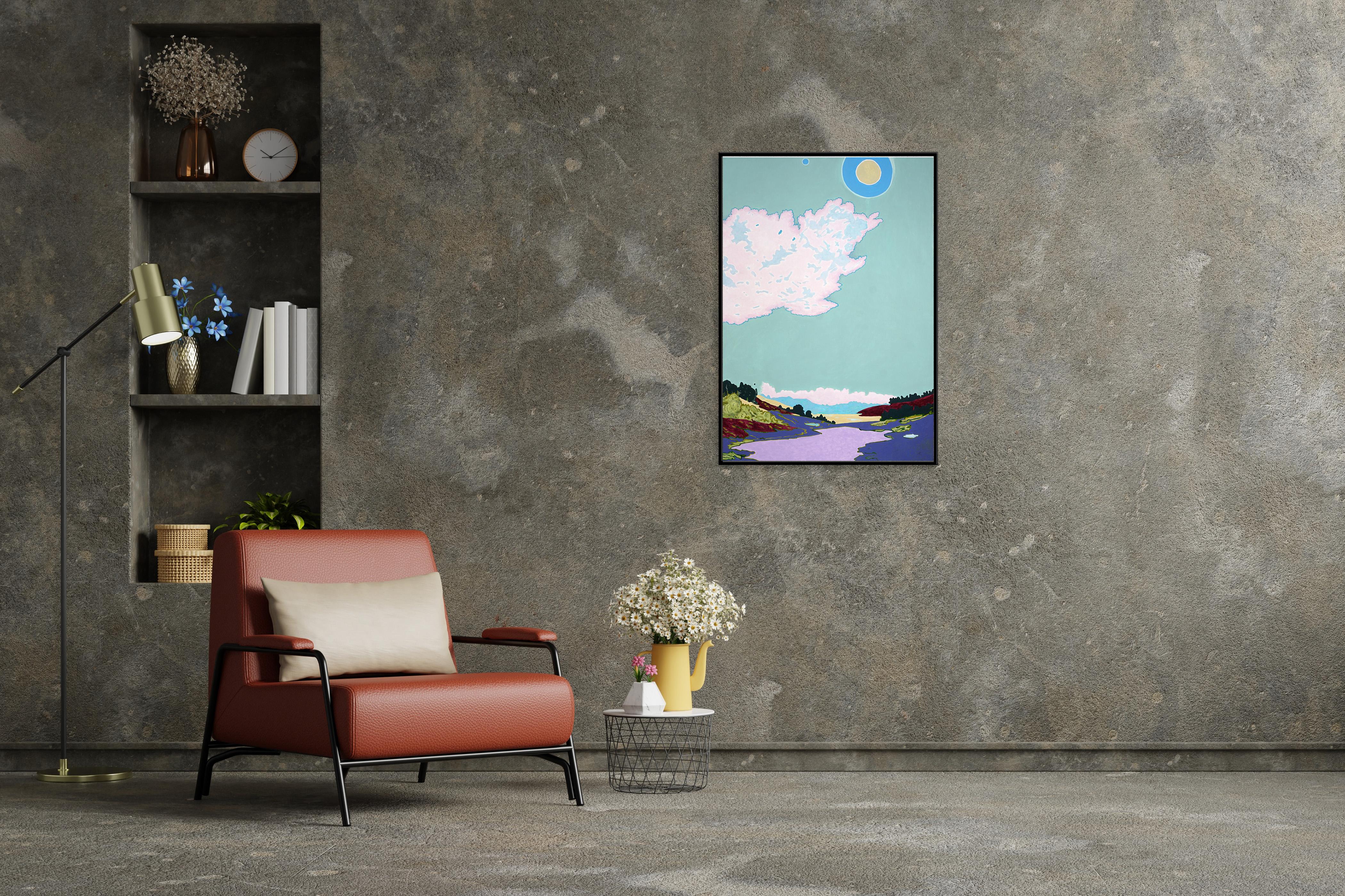 Questo è un bellissimo paesaggio dipinto da Alexandra Czierpka. Riducendo il colore e la forma all'essenziale, invita l'osservatore a contemplare l'armonia tra l'uomo e la natura. Texture morbide, linee dure e forme fluide si fondono in contorni