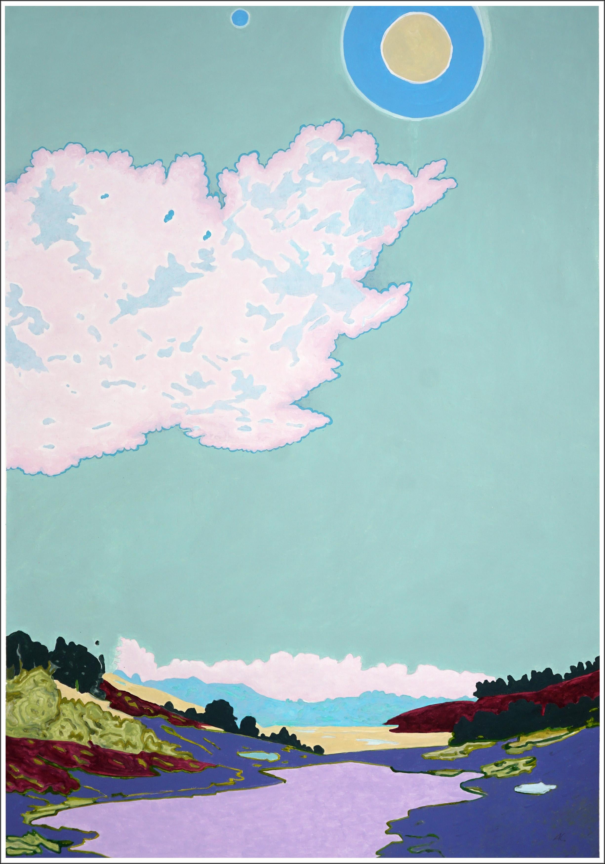 Landscape Painting di Alexandra Czierpka - Logica della coincidenza, fase lunare, paesaggio fauvista, cielo surreale, lago della prateria