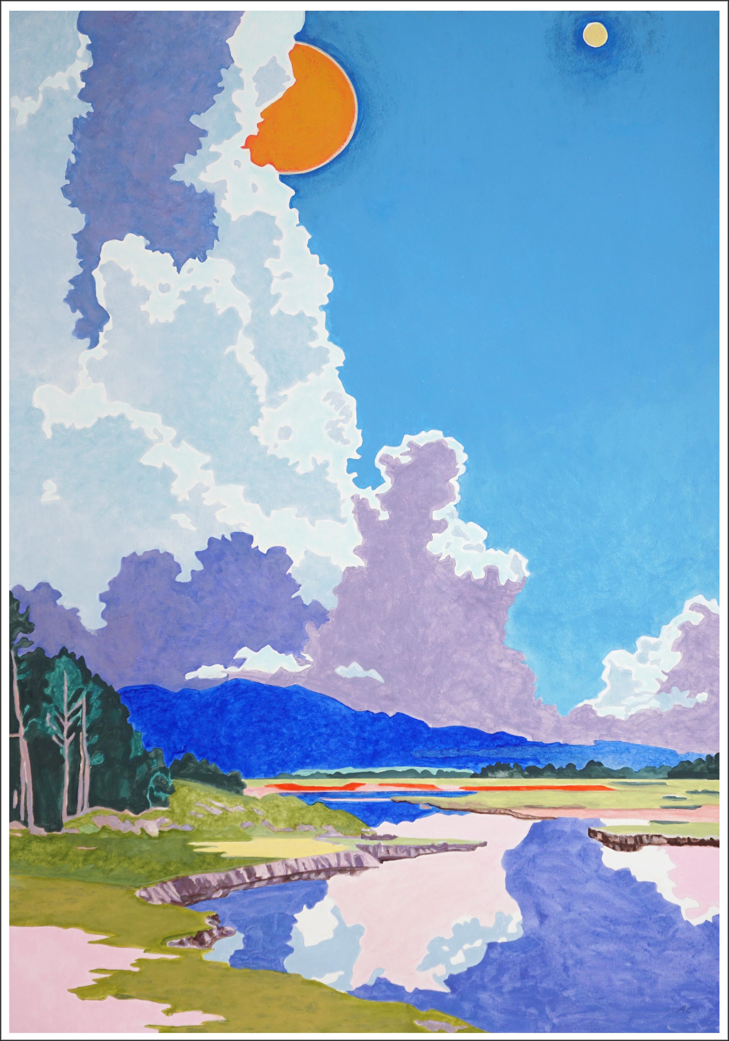 Sehnsucht in der Höhe, Surreale Landschaft in fauvistischen Tönen, Sonnenuntergang Sturm auf Papier (Blau), Figurative Painting, von Alexandra Czierpka