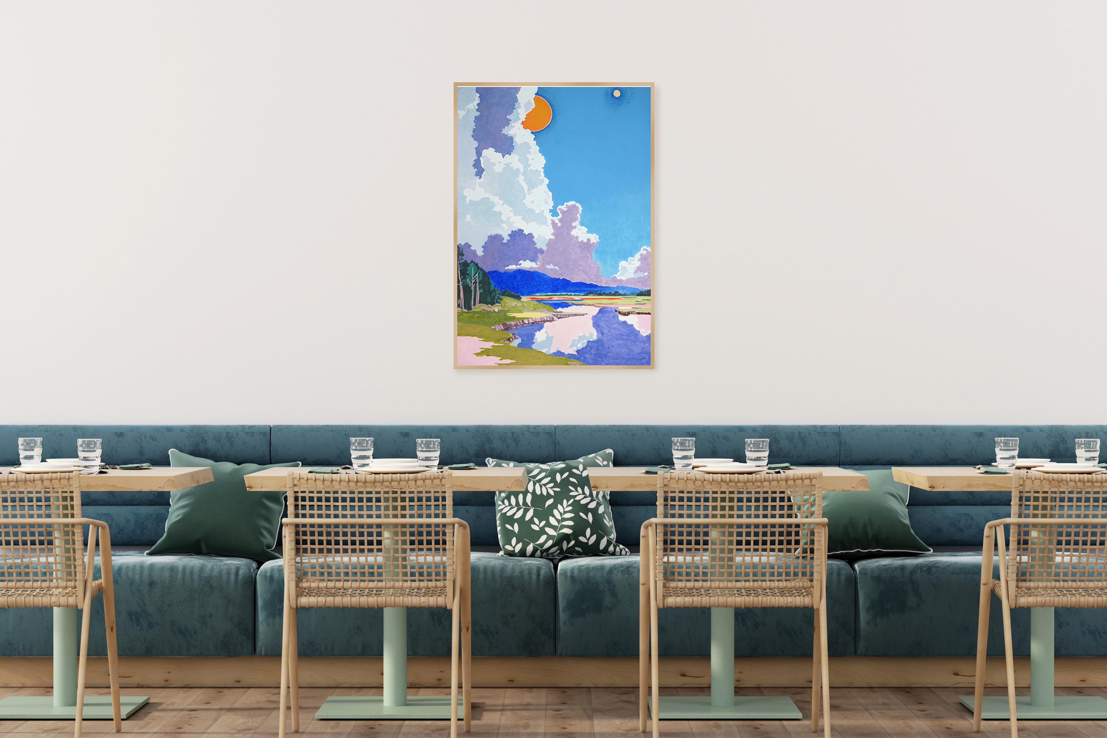 Dies ist ein schönes Landschaftsgemälde von Alexandra Czierpka. Indem sie Farbe und Form auf das Wesentliche reduziert, lädt sie den Betrachter ein, über die Harmonie zwischen Mensch und Natur nachzudenken. Glatte Texturen, harte Linien und