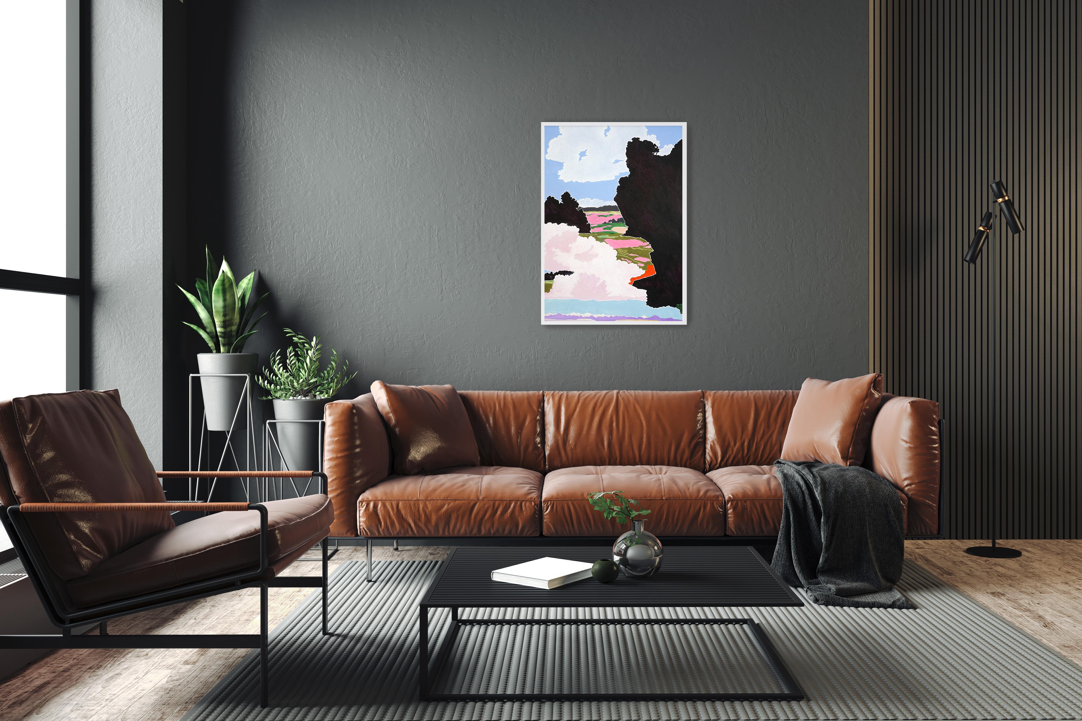 This is a beautiful landscape painting by Alexandra Czierpka. By reducing color and form to their essentials, she invites the observer to contemplate the harmony between humans and nature. Smooth textures, hard lines, and flowing forms merge into