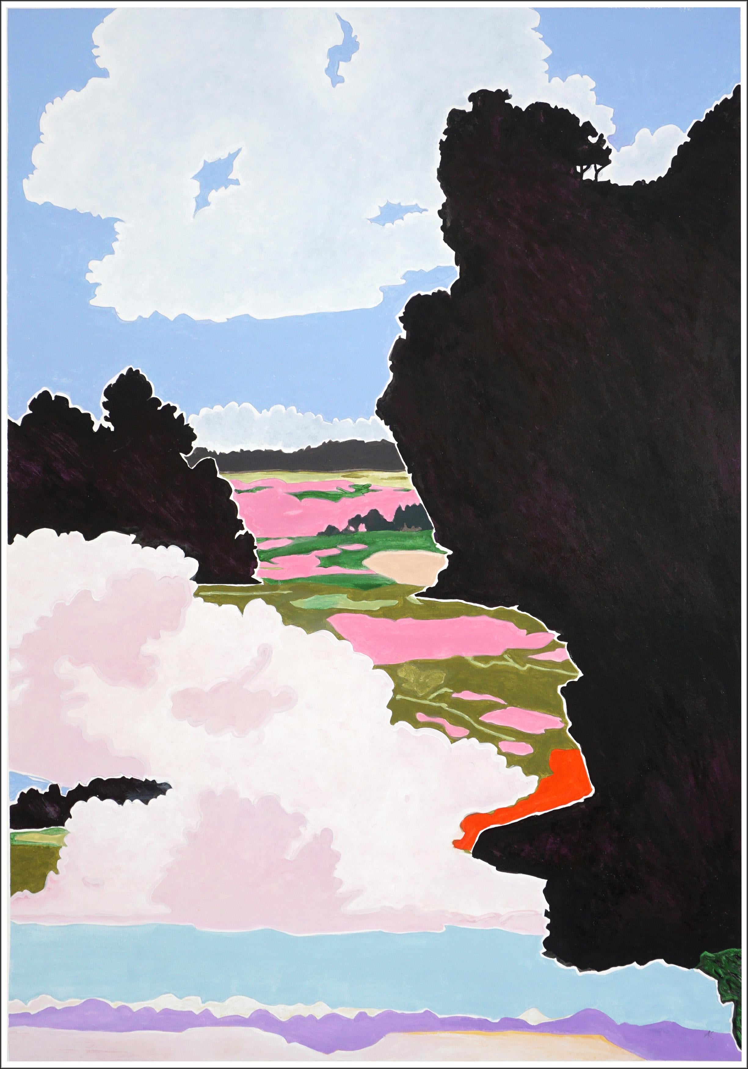 Alexandra Czierpka Figurative Painting - Memory as State, Surreal Landscape, Black adn White Floating Clouds on Paper