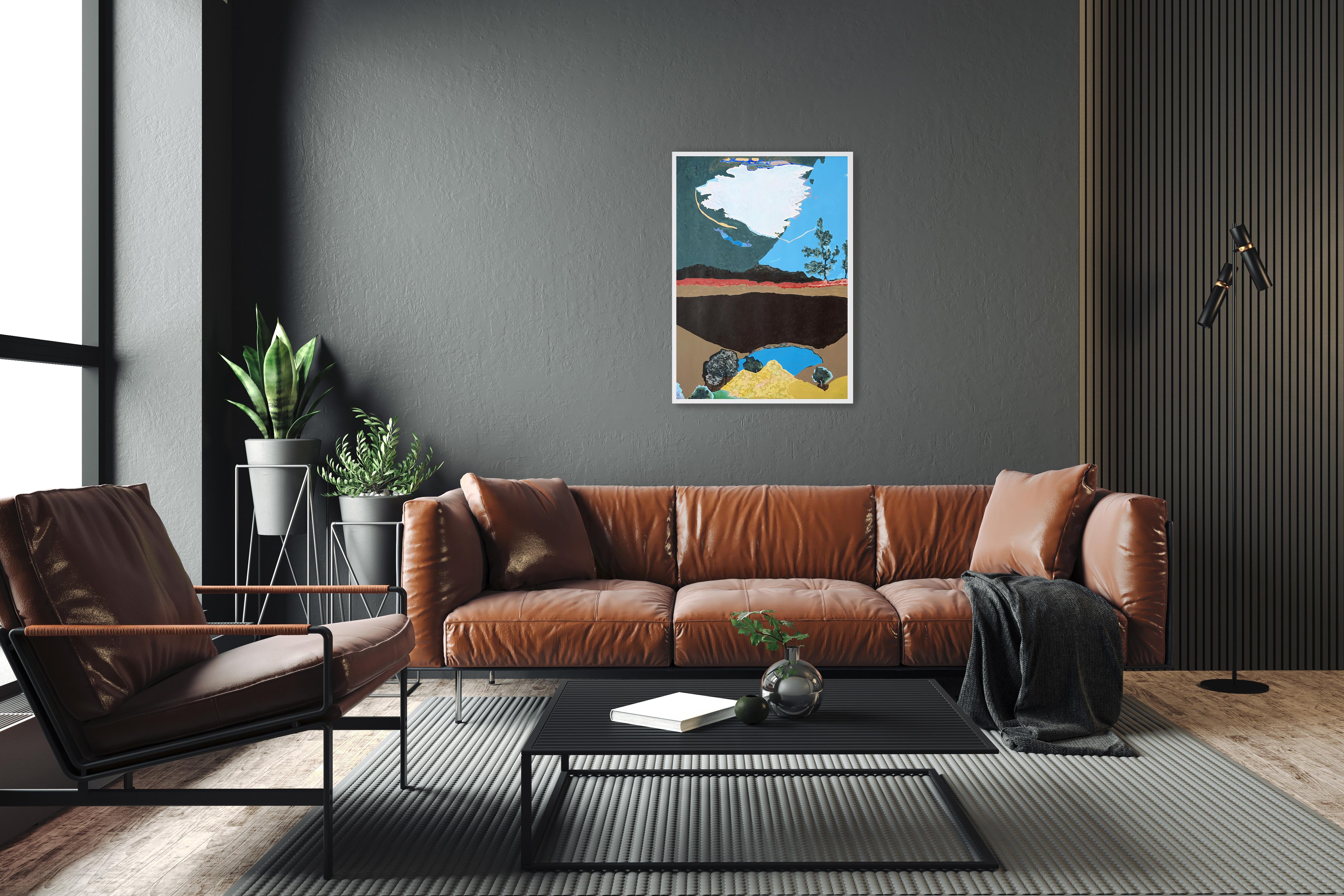 Questo è un bellissimo paesaggio dipinto da Alexandra Czierpka. Riducendo il colore e la forma all'essenziale, invita l'osservatore a contemplare l'armonia tra l'uomo e la natura. Texture morbide, linee dure e forme fluide si fondono in contorni