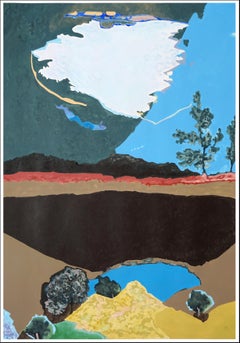 Moment de clarté, paysage abstrait avec ciel, pluie bleue sur papier