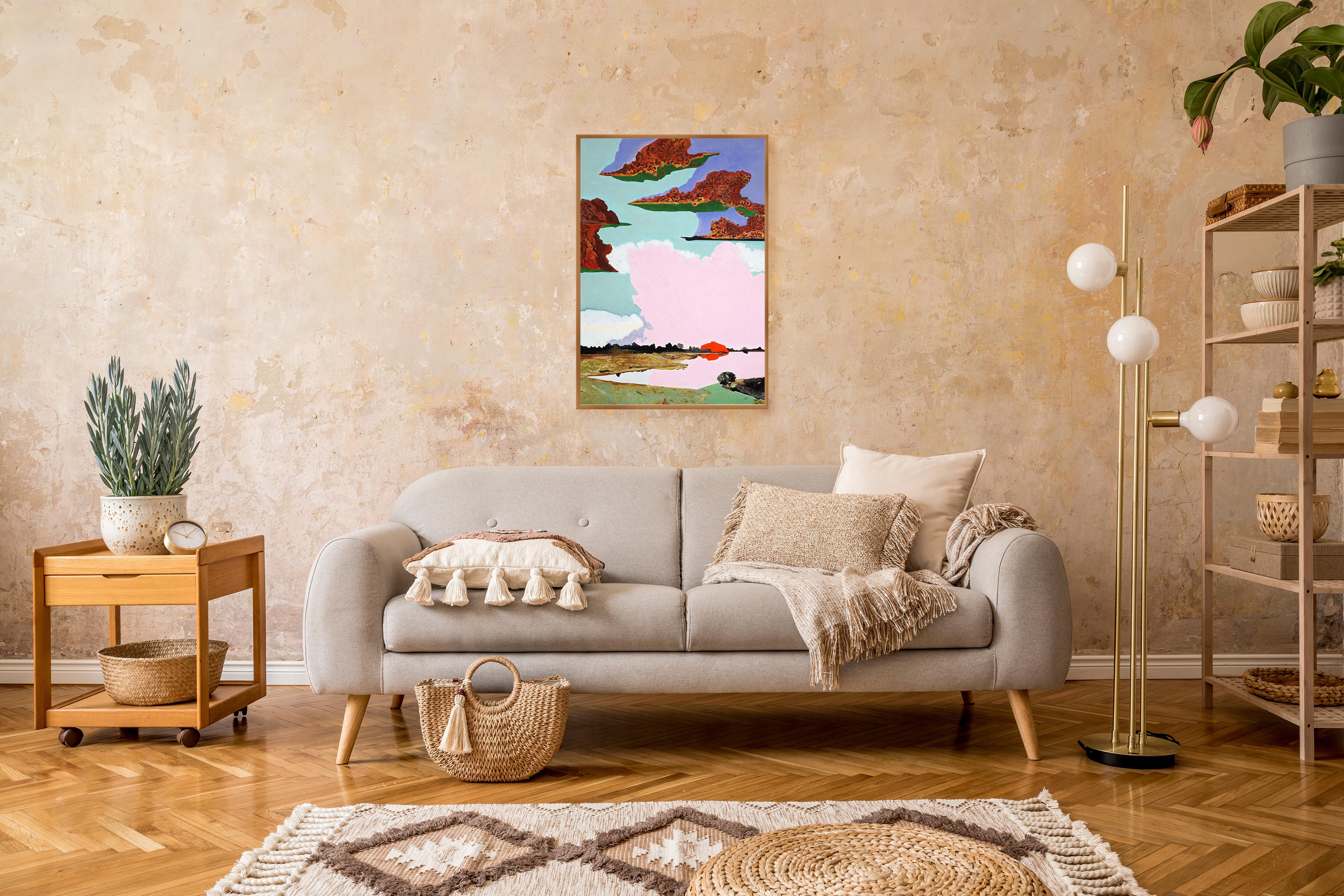 This is a beautiful landscape painting by Alexandra Czierpka. By reducing color and form to their essentials, she invites the observer to contemplate the harmony between humans and nature. Smooth textures, hard lines, and flowing forms merge into