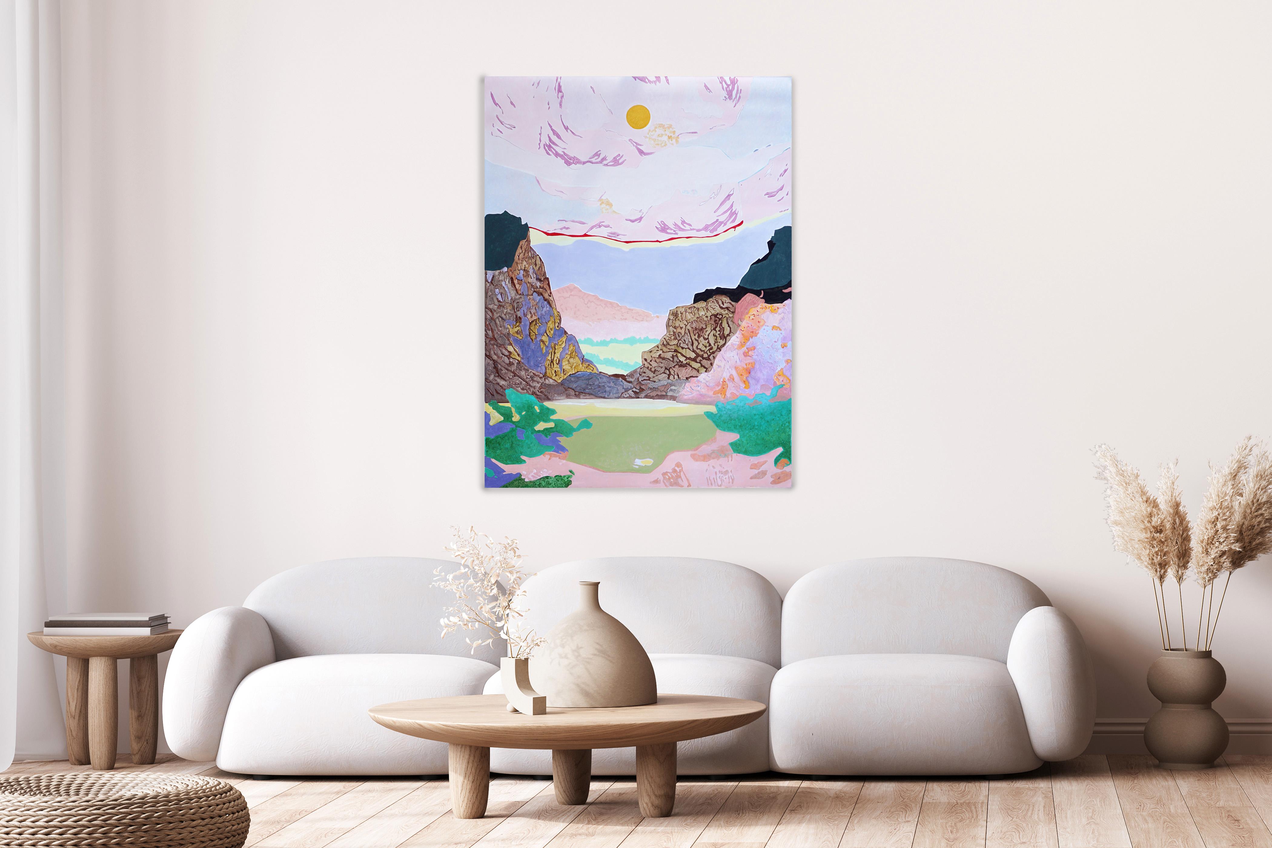 Questo è un bellissimo paesaggio dipinto da Alexandra Czierpka. Riducendo il colore e la forma all'essenziale, invita l'osservatore a contemplare l'armonia tra l'uomo e la natura. Texture morbide, linee dure e forme fluide si fondono in contorni