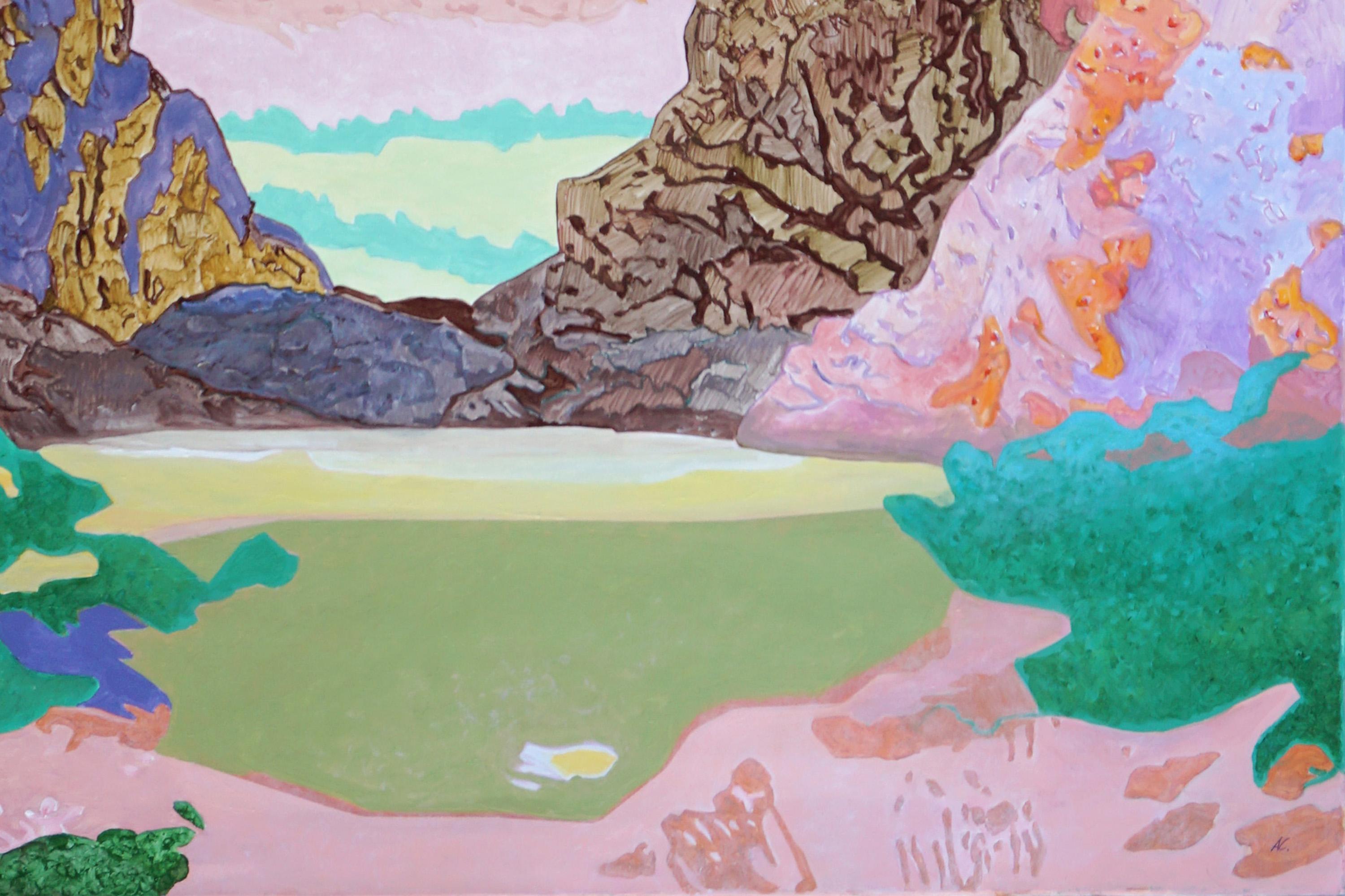 Oltre le cime e le valli, Paesaggio impressionista, Toni pastello, Acrilico su tela in vendita 3