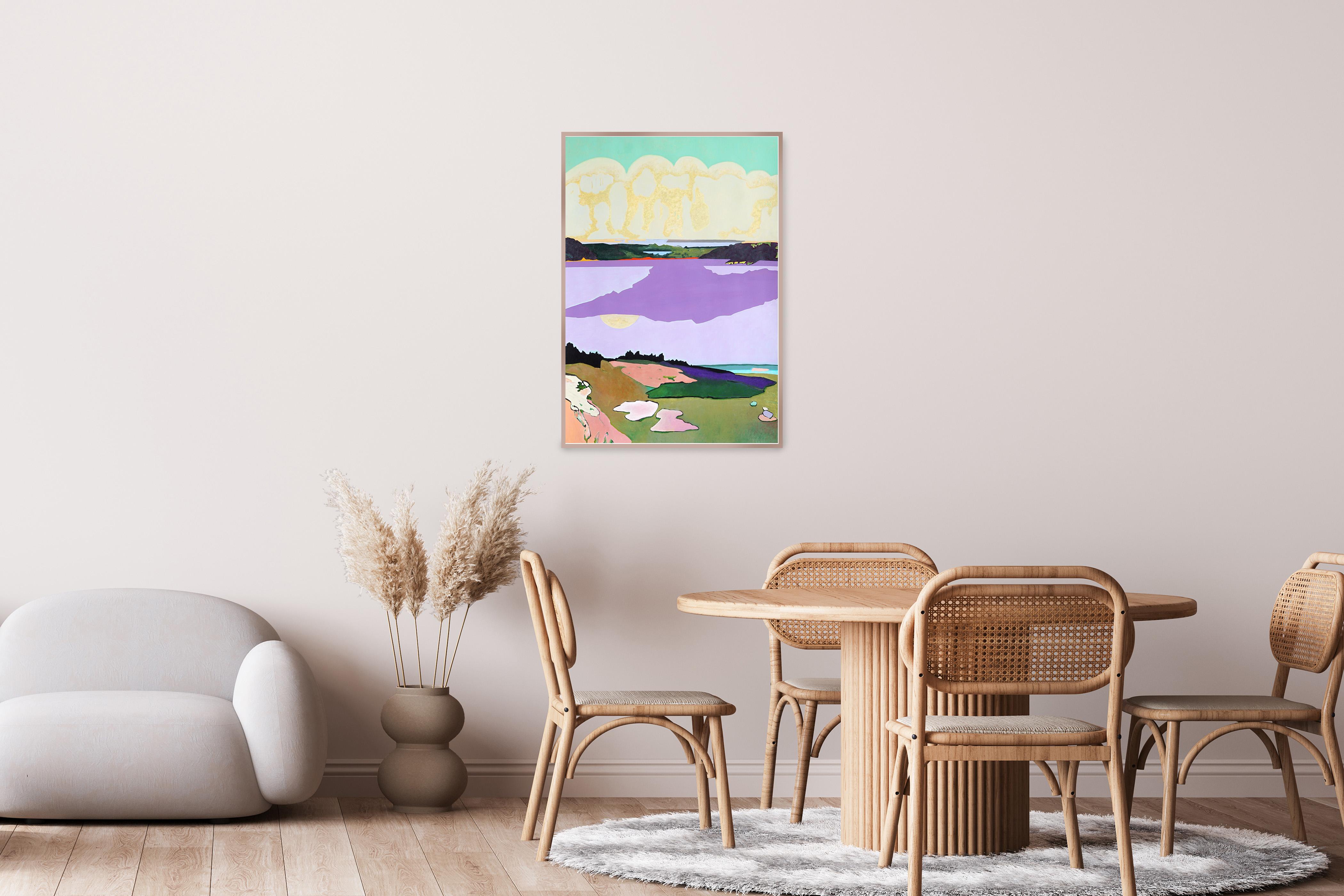 Paesaggio post-impressionista in toni vivaci, prateria lacustre, cielo surreale in viola - Painting di Alexandra Czierpka