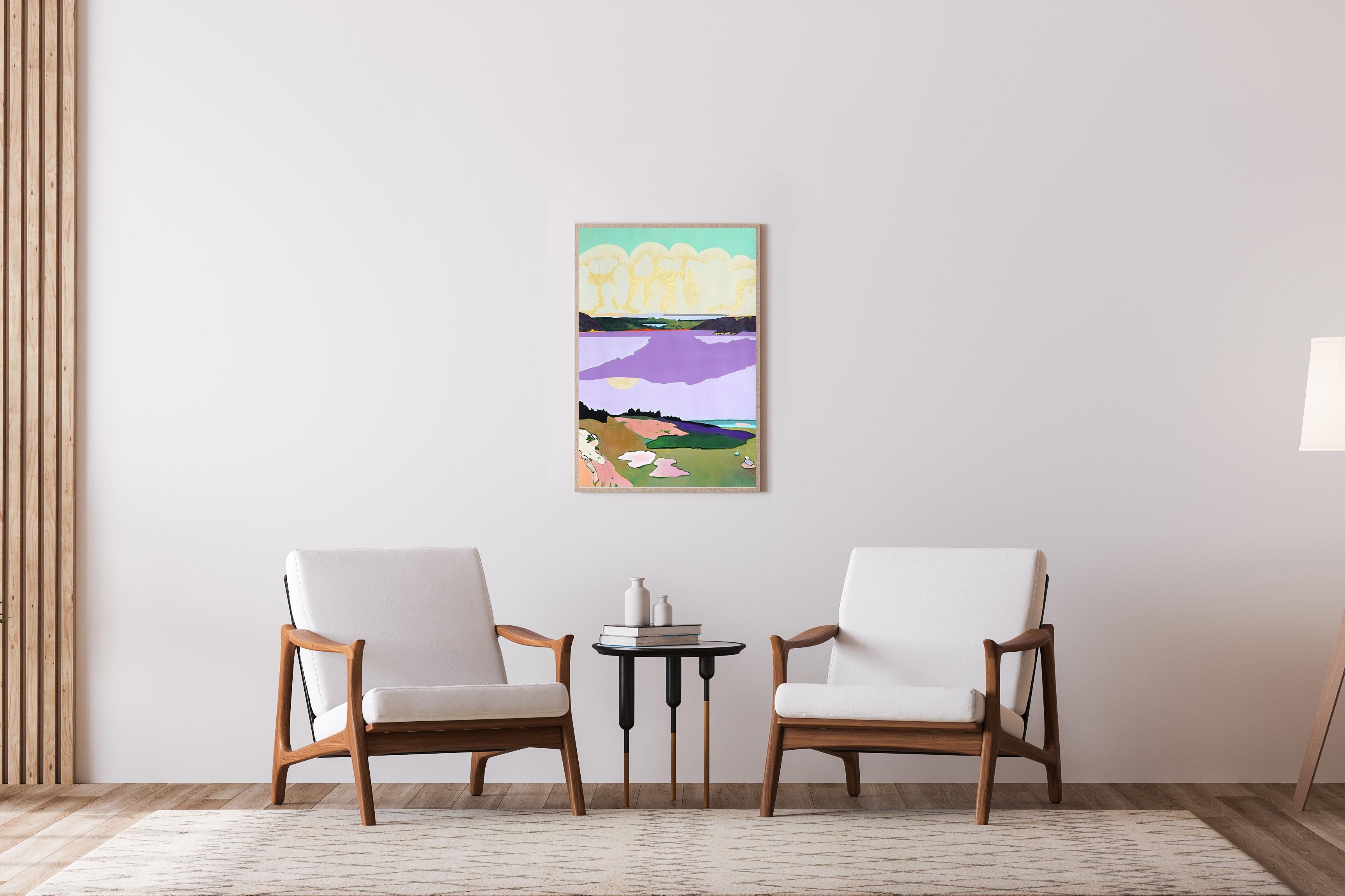 Paesaggio post-impressionista in toni vivaci, prateria lacustre, cielo surreale in viola - Landscape Painting Grigio di Alexandra Czierpka