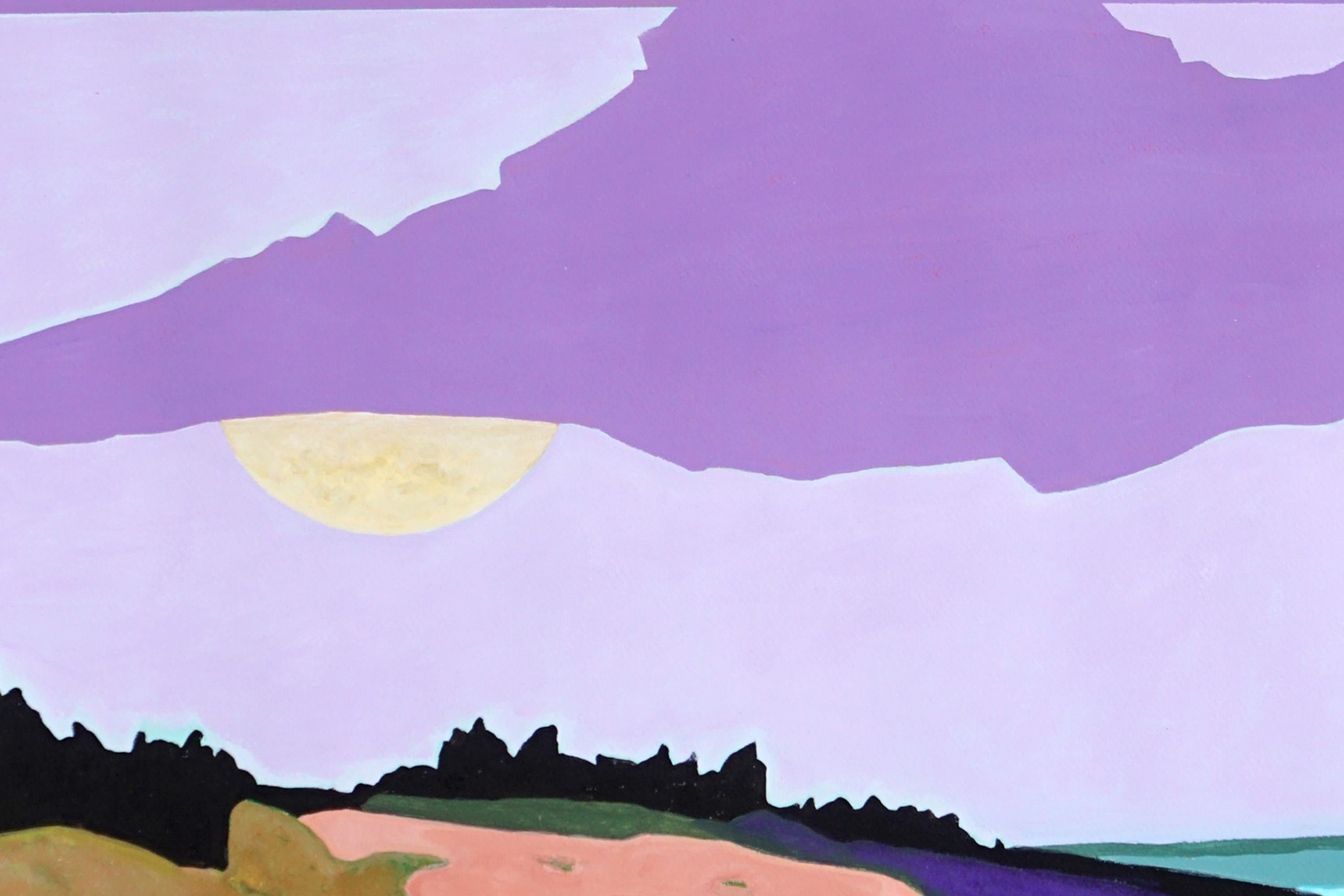 Paesaggio post-impressionista in toni vivaci, prateria lacustre, cielo surreale in viola in vendita 2