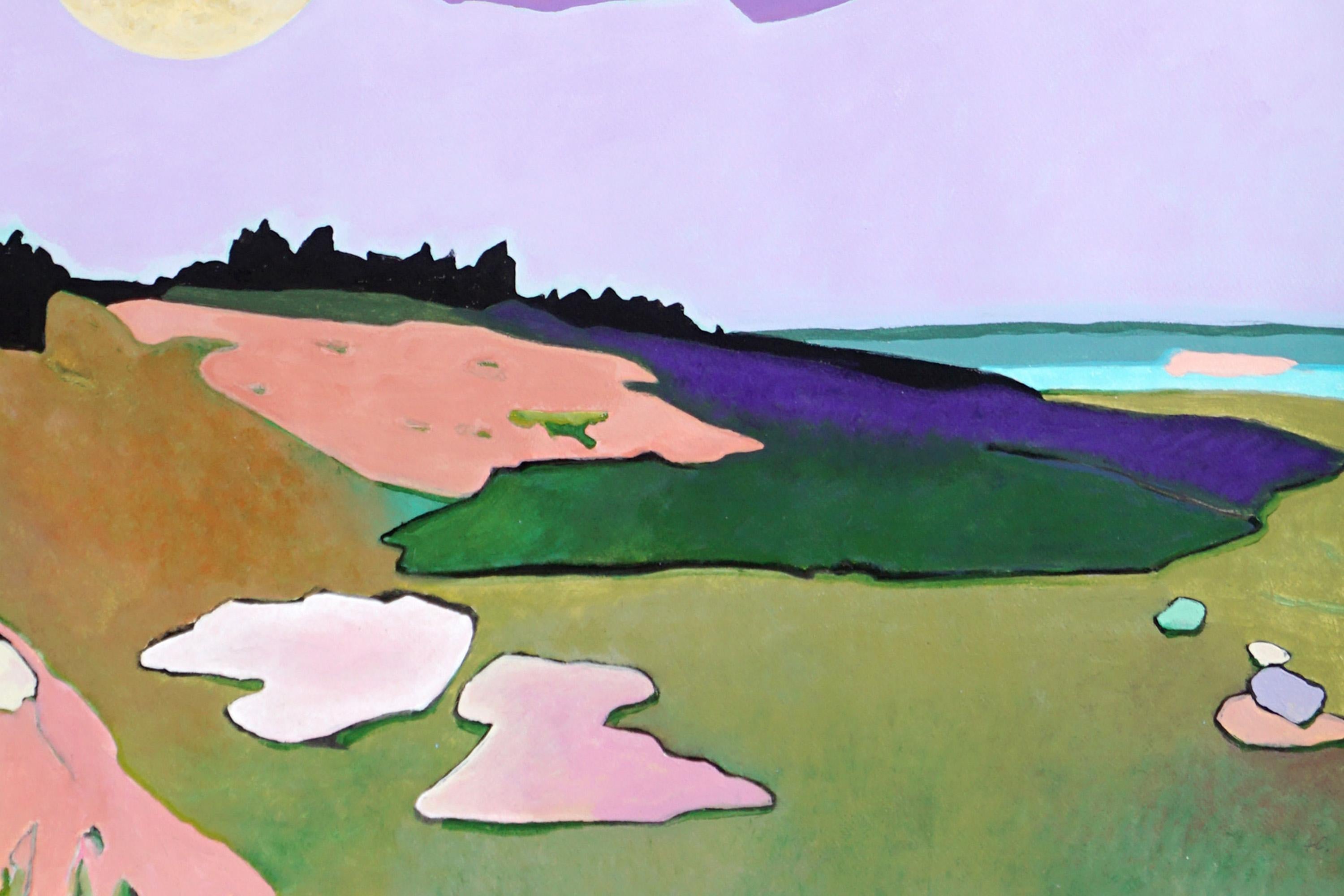 Paesaggio post-impressionista in toni vivaci, prateria lacustre, cielo surreale in viola in vendita 3
