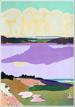 Post Impressionist Landscape in Vivid Tones, Lake Prairie, Surreal Sky in Purple