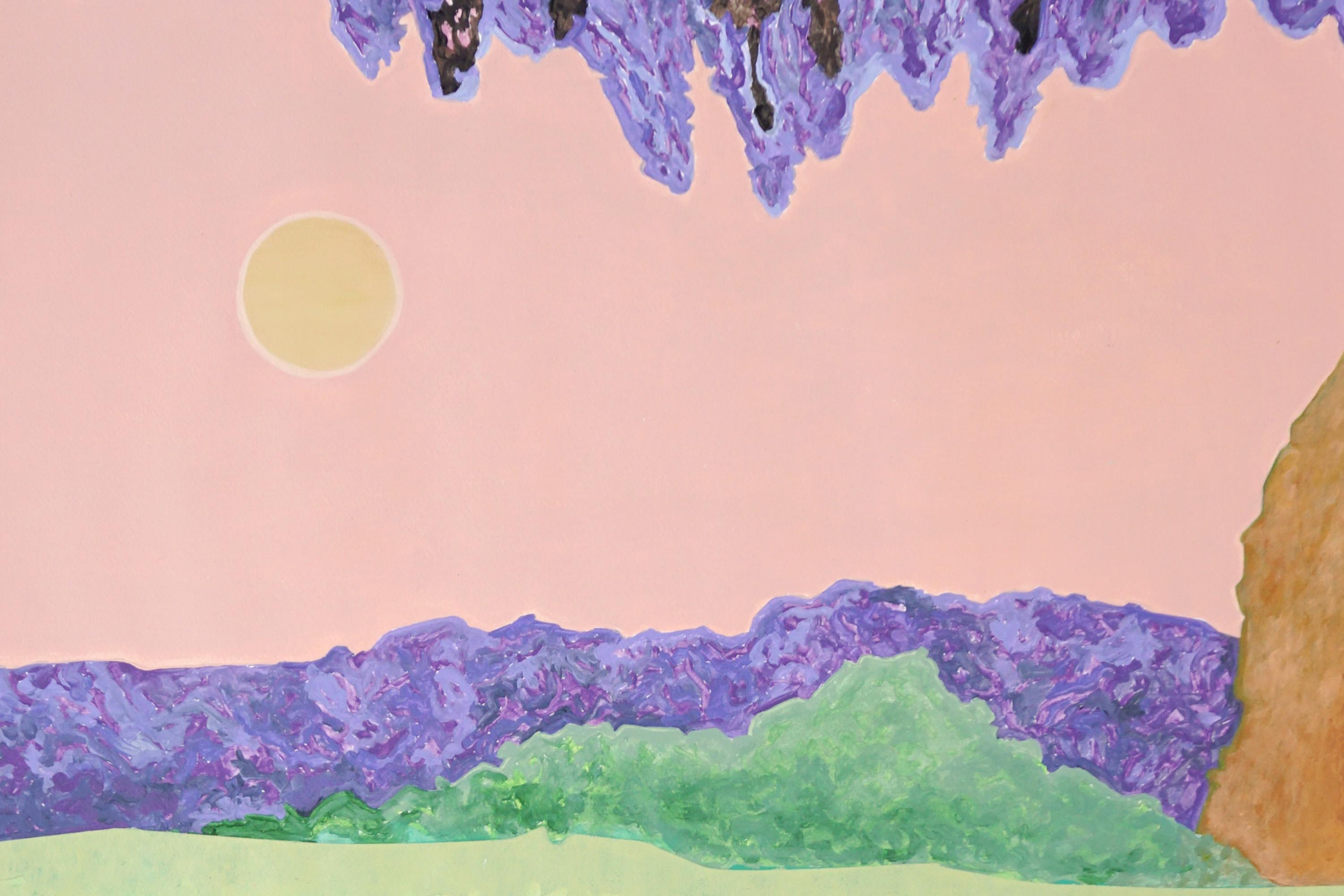 This is a beautiful landscape painting by Alexandra Czierpka. By reducing color and form to their essentials, she invites the observer to contemplate the harmony between humans and nature. Smooth textures, hard lines, and flowing forms merge into