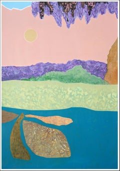 Summer Lilacs, Paesaggio astratto in toni pastello rosa su carta acquerellata, 2024