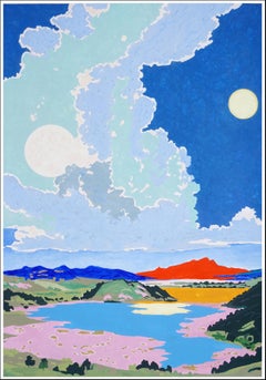 Surreal Landscape, Horizontal Eclipse in Blue and Pink, Red Mountain Lake, Paper