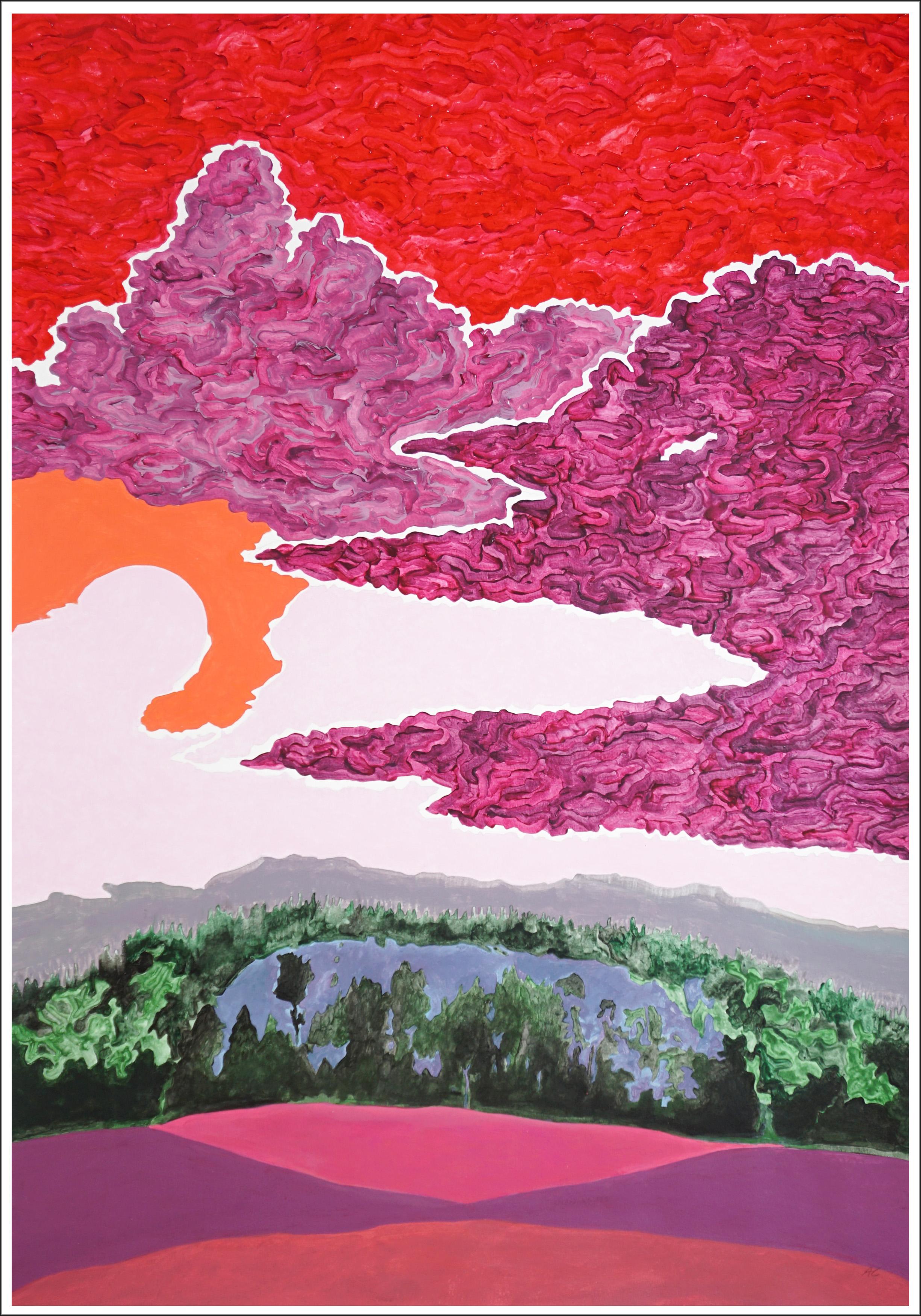 Surreal Landscape in Red Tones, Modern Impressionist Sky on Watercolor Paper