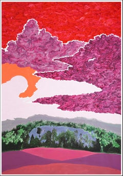 Surreal Landscape in Red Tones, Modern Impressionist Sky on Watercolor Paper