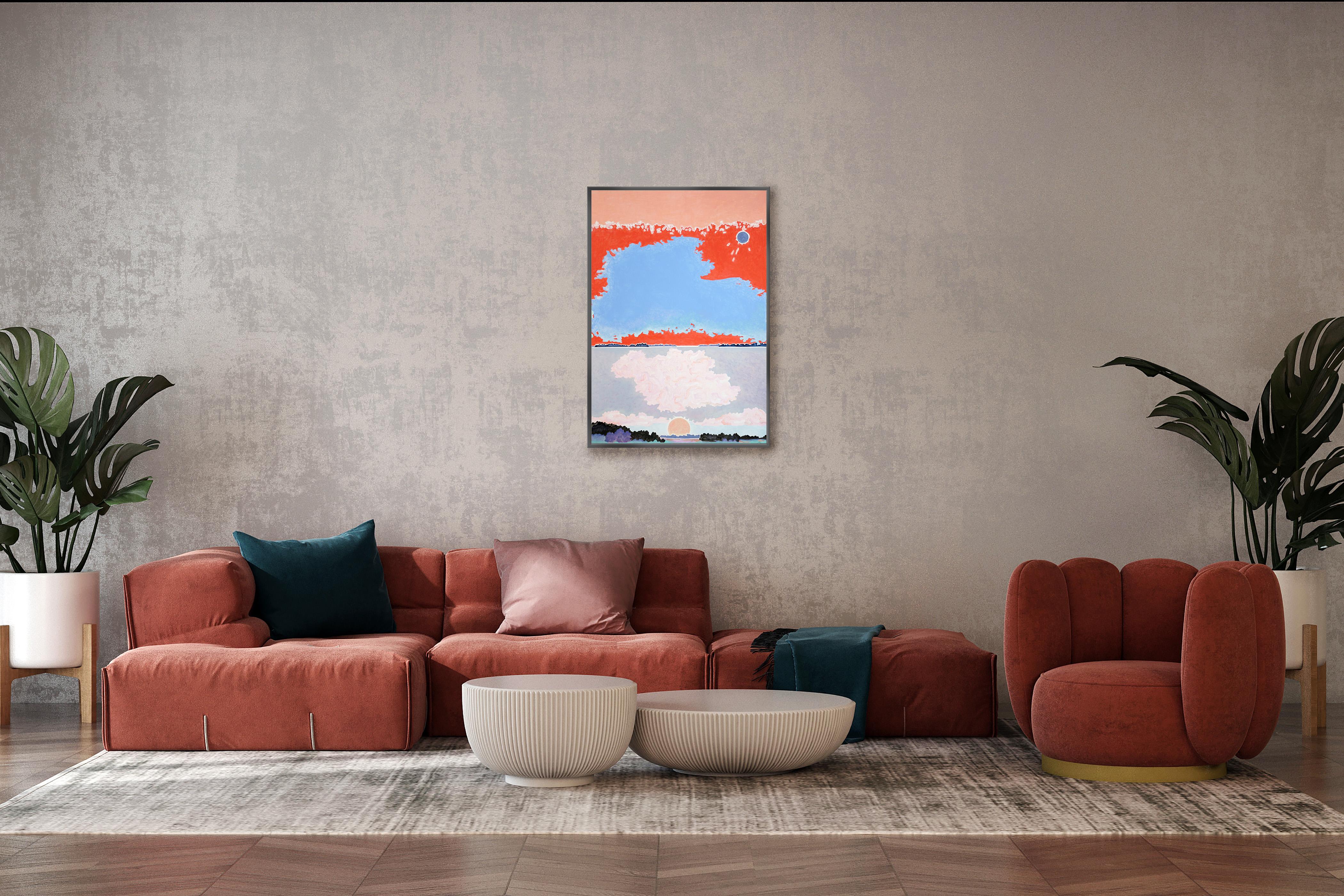 This is a beautiful landscape painting by Alexandra Czierpka. By reducing color and form to their essentials, she invites the observer to contemplate the harmony between humans and nature. Smooth textures, hard lines, and flowing forms merge into