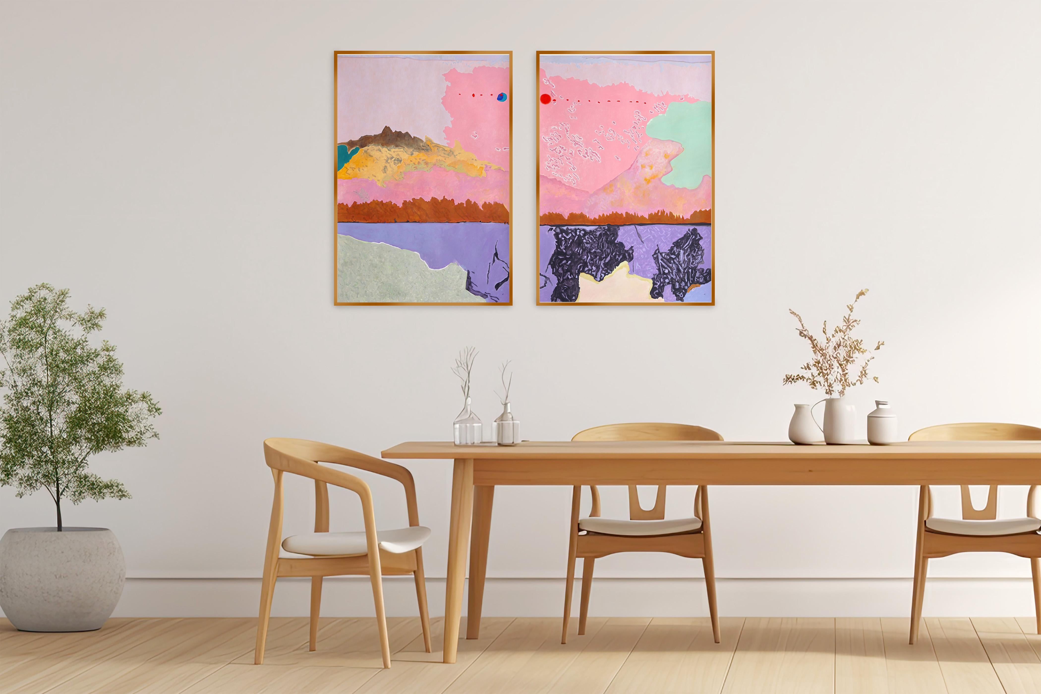 La luna mette in pausa il tempo, quadro crepuscolare rosa, dittico surreale al tramonto su carta - Painting Fauvismo di Alexandra Czierpka