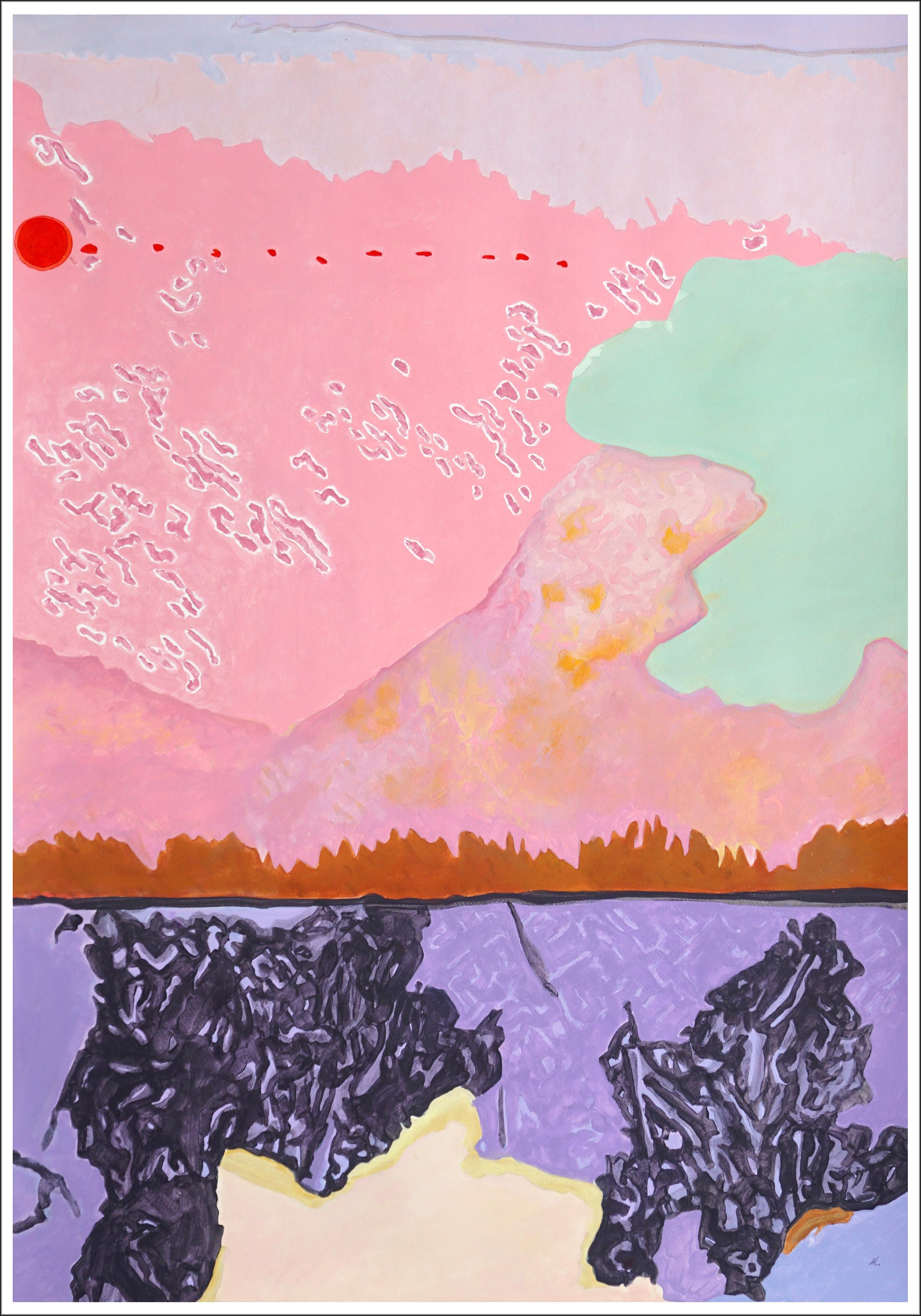 Questo è un bellissimo paesaggio dipinto da Alexandra Czierpka. Riducendo il colore e la forma all'essenziale, invita l'osservatore a contemplare l'armonia tra l'uomo e la natura. Texture morbide, linee dure e forme fluide si fondono in contorni