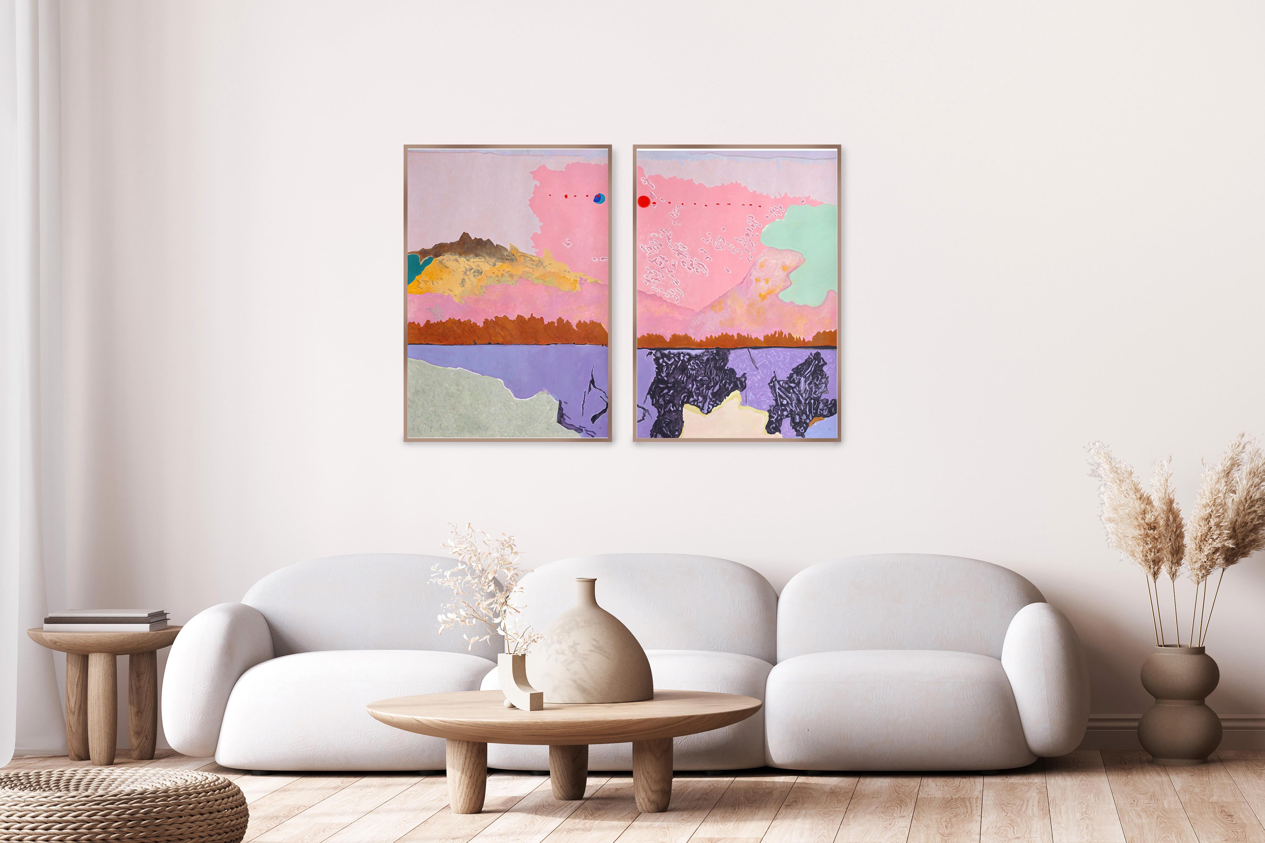 La luna mette in pausa il tempo, quadro crepuscolare rosa, dittico surreale al tramonto su carta in vendita 1