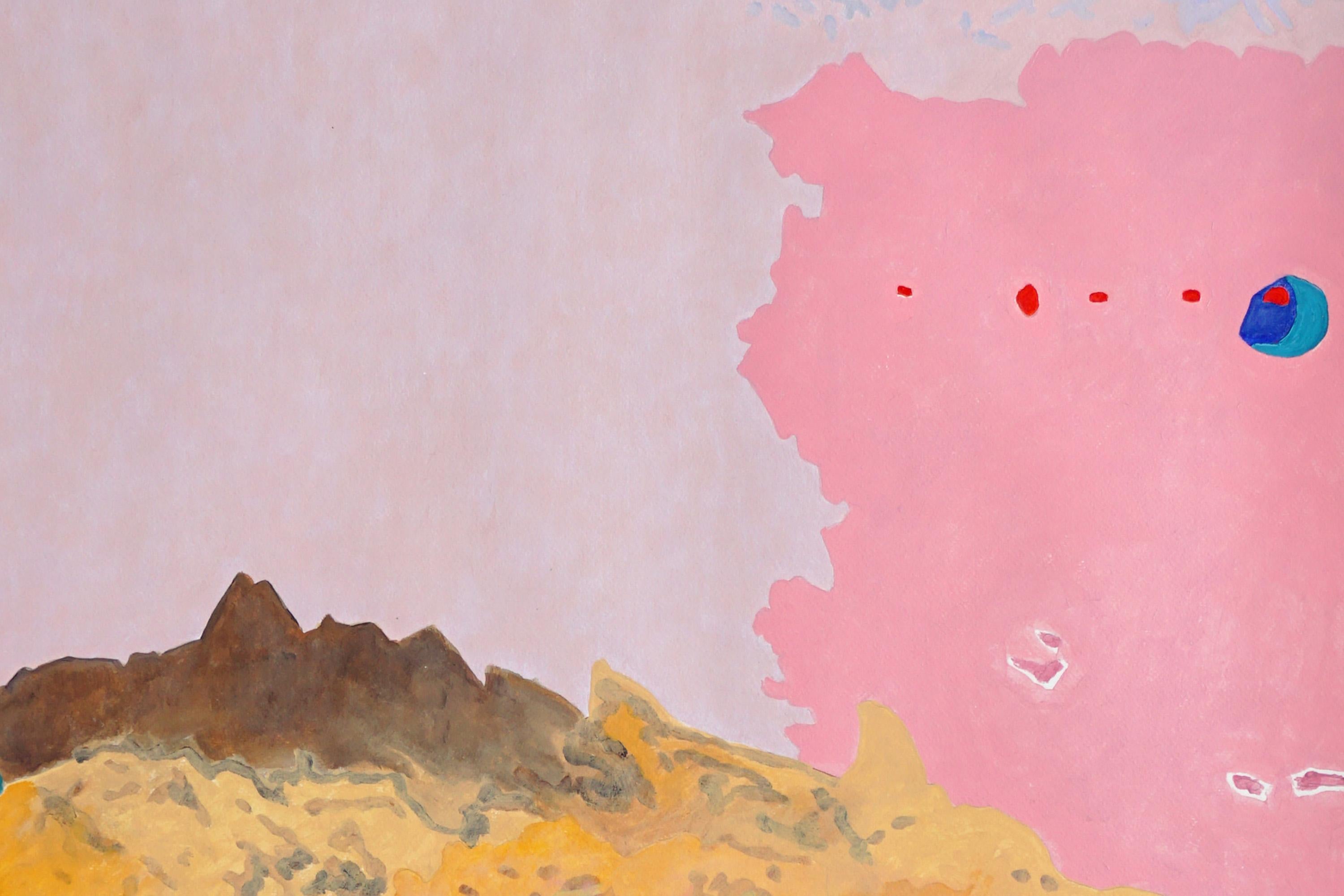La luna mette in pausa il tempo, quadro crepuscolare rosa, dittico surreale al tramonto su carta in vendita 3