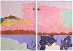 The Moon Pauses Time, Pink Twilight Painting, Surreal Sunset Diptych on Paper