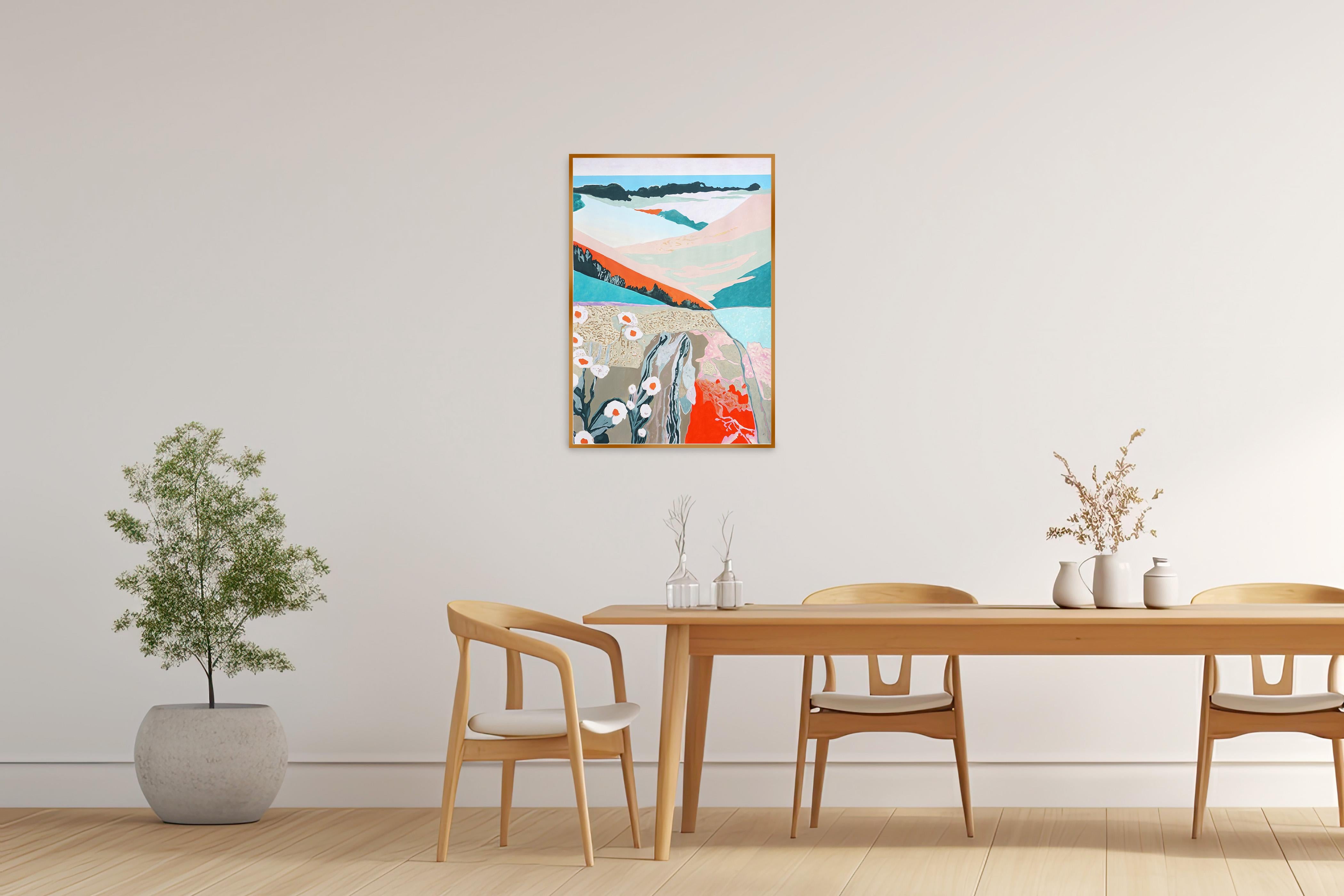 La Poesía de los Prados, Paisaje en Flor Pintura sobre Papel, Turquesa, Naranja - Painting de Alexandra Czierpka