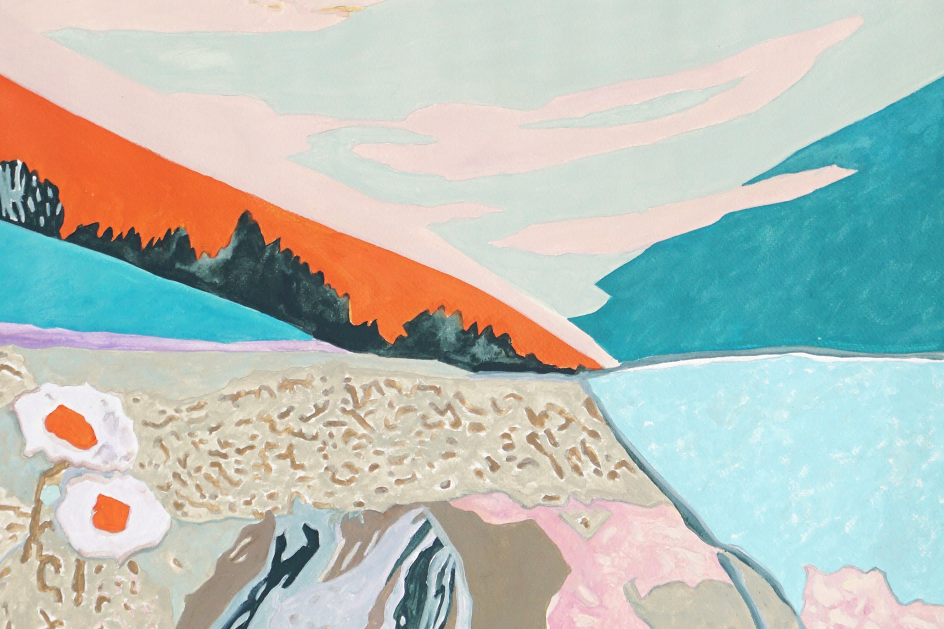 La Poesía de los Prados, Paisaje en Flor Pintura sobre Papel, Turquesa, Naranja - Painting Abstracto de Alexandra Czierpka