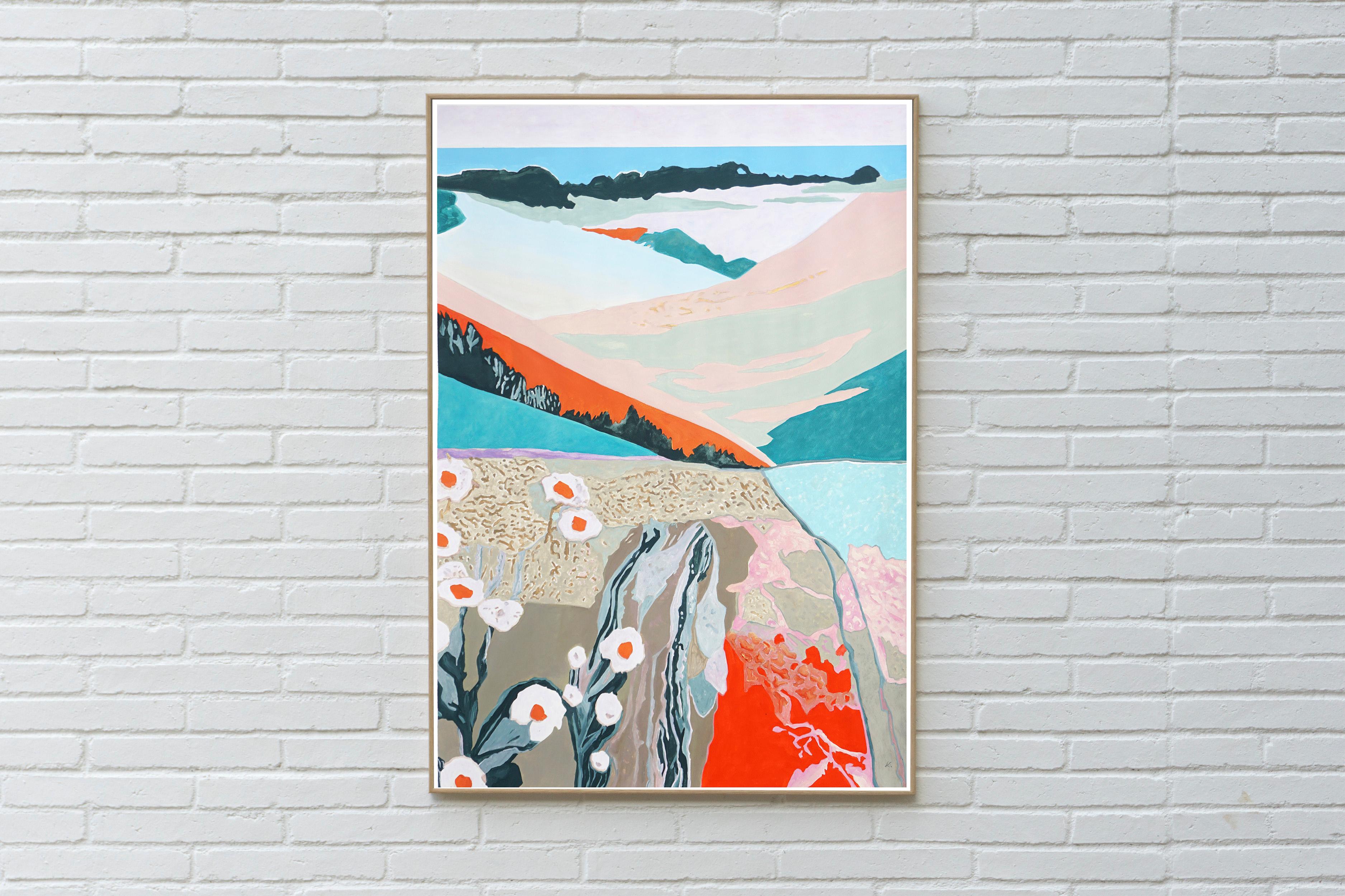 La Poesía de los Prados, Paisaje en Flor Pintura sobre Papel, Turquesa, Naranja - Landscape Painting Gris de Alexandra Czierpka