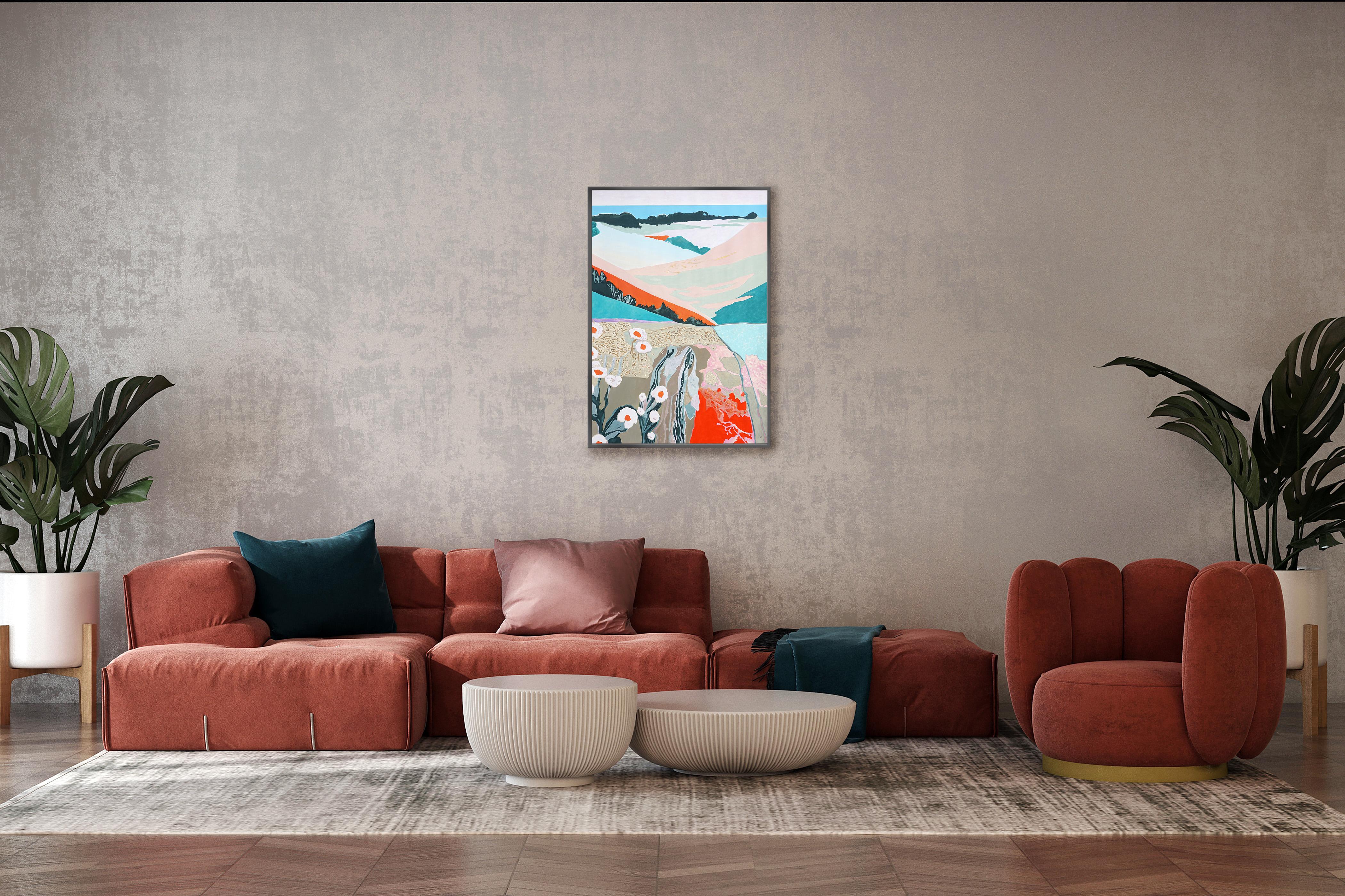 Éste es un hermoso cuadro de paisaje pintado por Alexandra Czierpka. Al reducir el color y la forma a lo esencial, invita al observador a contemplar la armonía entre el ser humano y la naturaleza. Texturas suaves, líneas duras y formas fluidas se