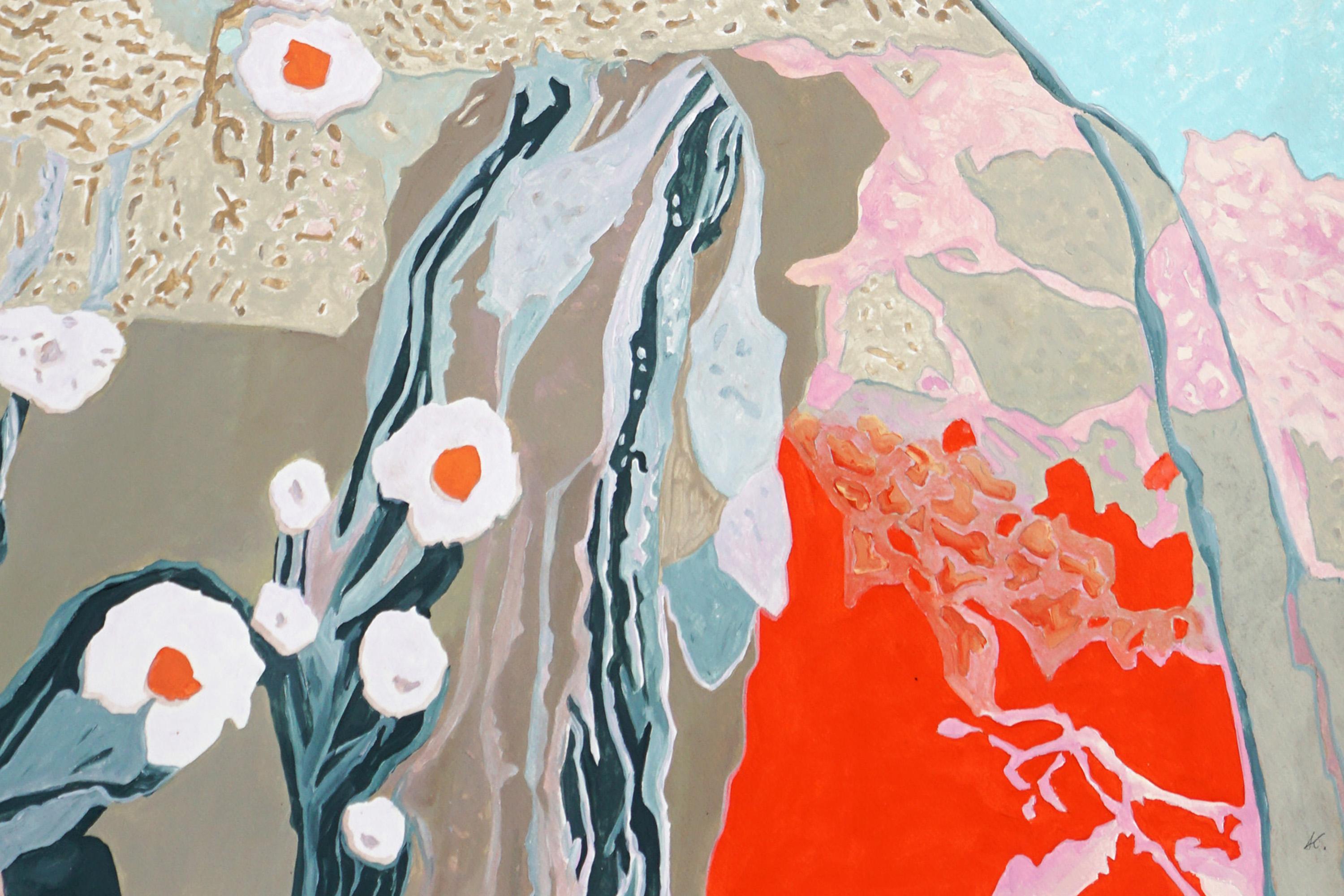 La Poesía de los Prados, Paisaje en Flor Pintura sobre Papel, Turquesa, Naranja en venta 2