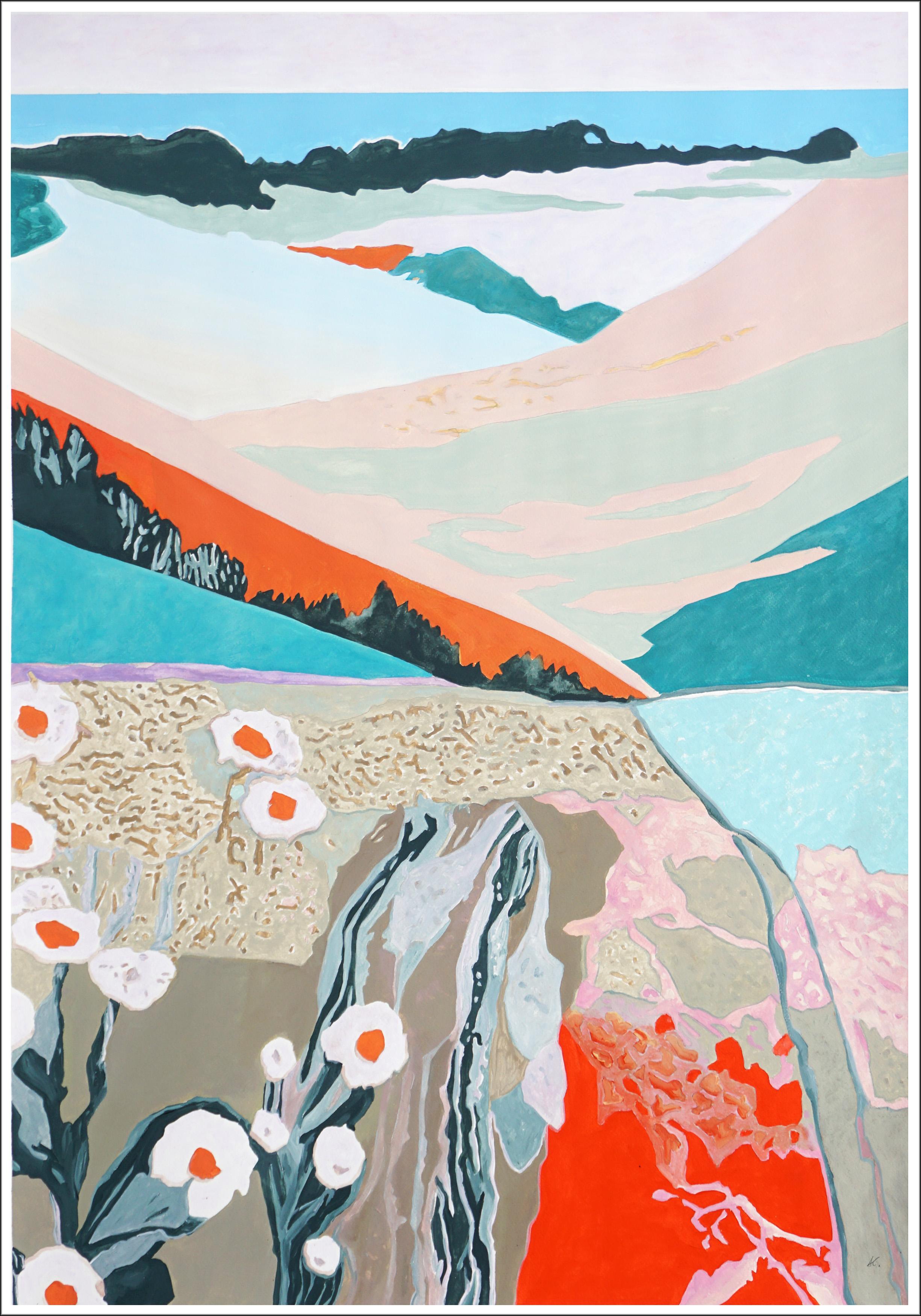 The Poetry of Meadows, Blooming Landscape Painting on Paper, Turquoise, Orange