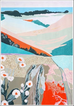 The Poetry of Meadows, Blütenlandschaftsgemälde auf Papier, Türkis, Orange