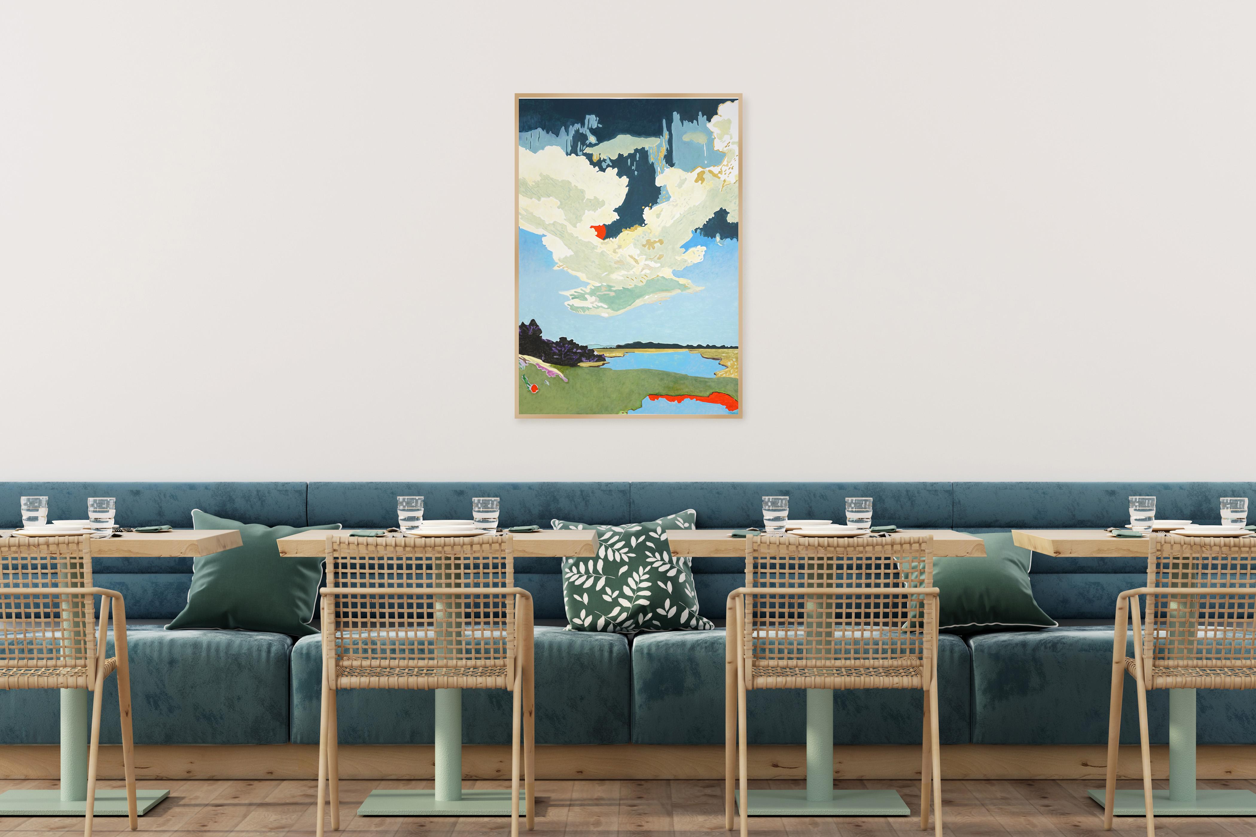 Dies ist ein schönes Landschaftsgemälde von Alexandra Czierpka. Indem sie Farbe und Form auf das Wesentliche reduziert, lädt sie den Betrachter ein, über die Harmonie zwischen Mensch und Natur nachzudenken. Glatte Texturen, harte Linien und