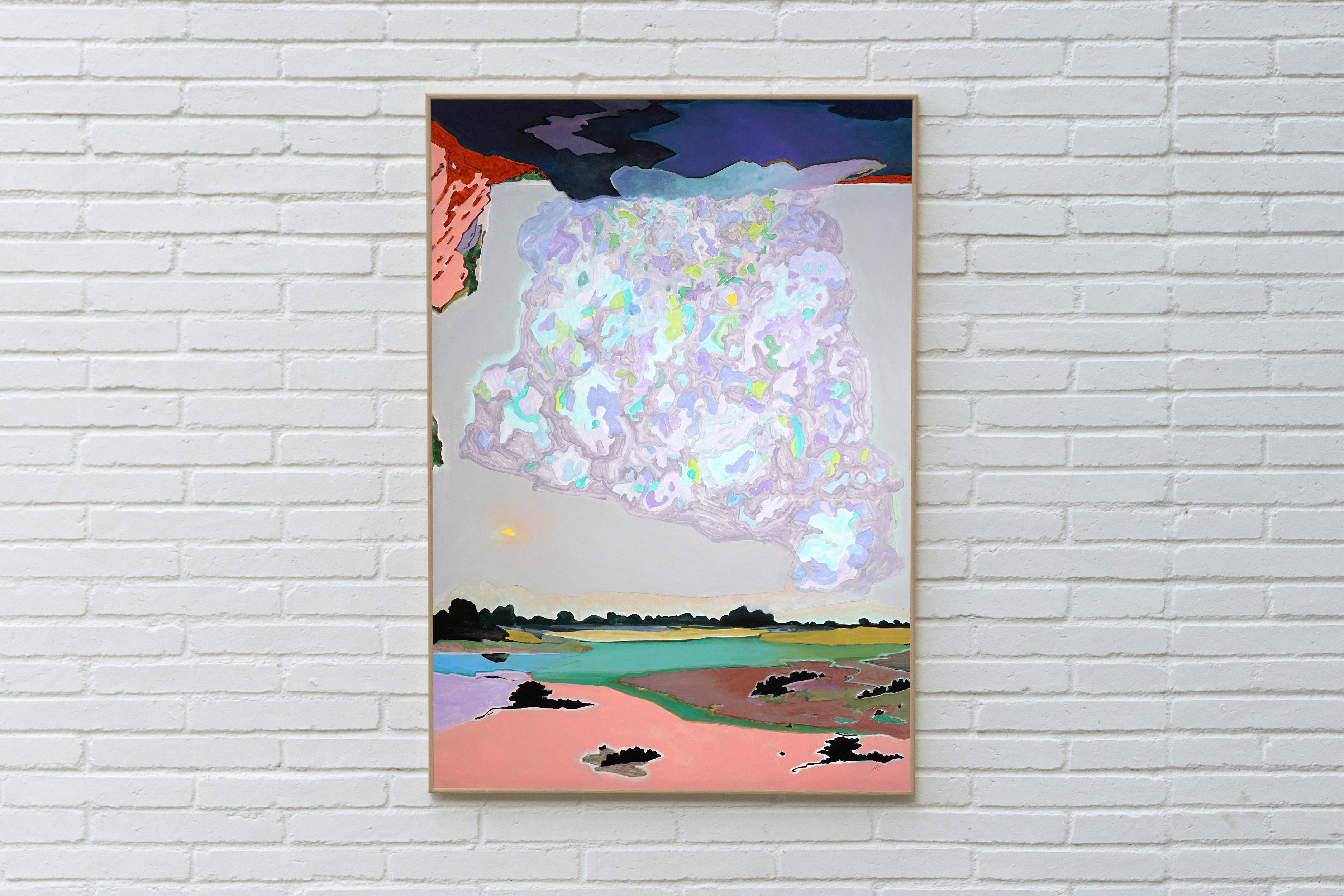 This is a beautiful landscape painting by Alexandra Czierpka. By reducing color and form to their essentials, she invites the observer to contemplate the harmony between humans and nature. Smooth textures, hard lines, and flowing forms merge into