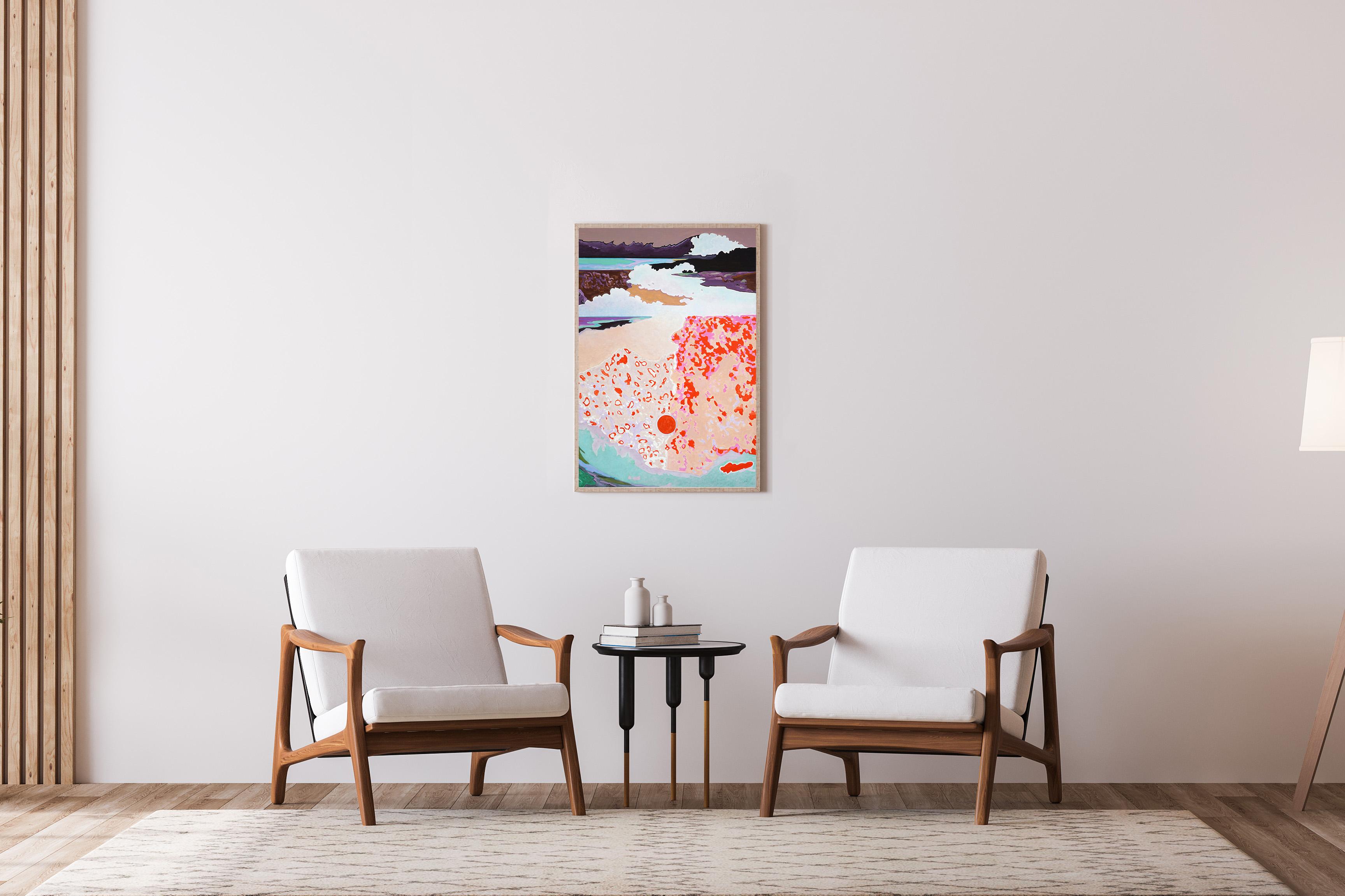 This is a beautiful landscape painting by Alexandra Czierpka. By reducing color and form to their essentials, she invites the observer to contemplate the harmony between humans and nature. Smooth textures, hard lines, and flowing forms merge into