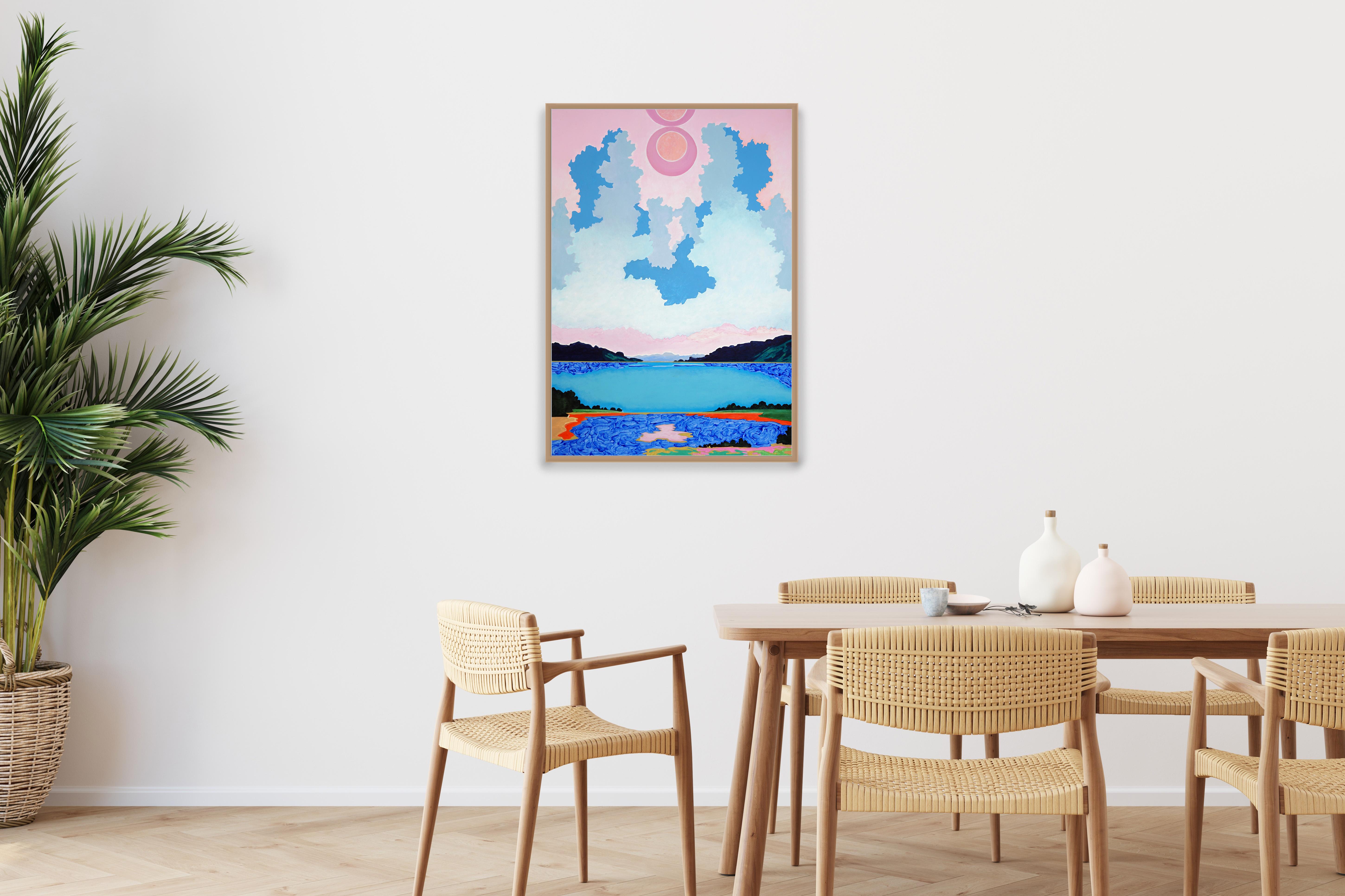 Das schwebende Edikt des Potentials, zartes Rosa und Blau, surreale magische Landschaft (Fauvismus), Painting, von Alexandra Czierpka