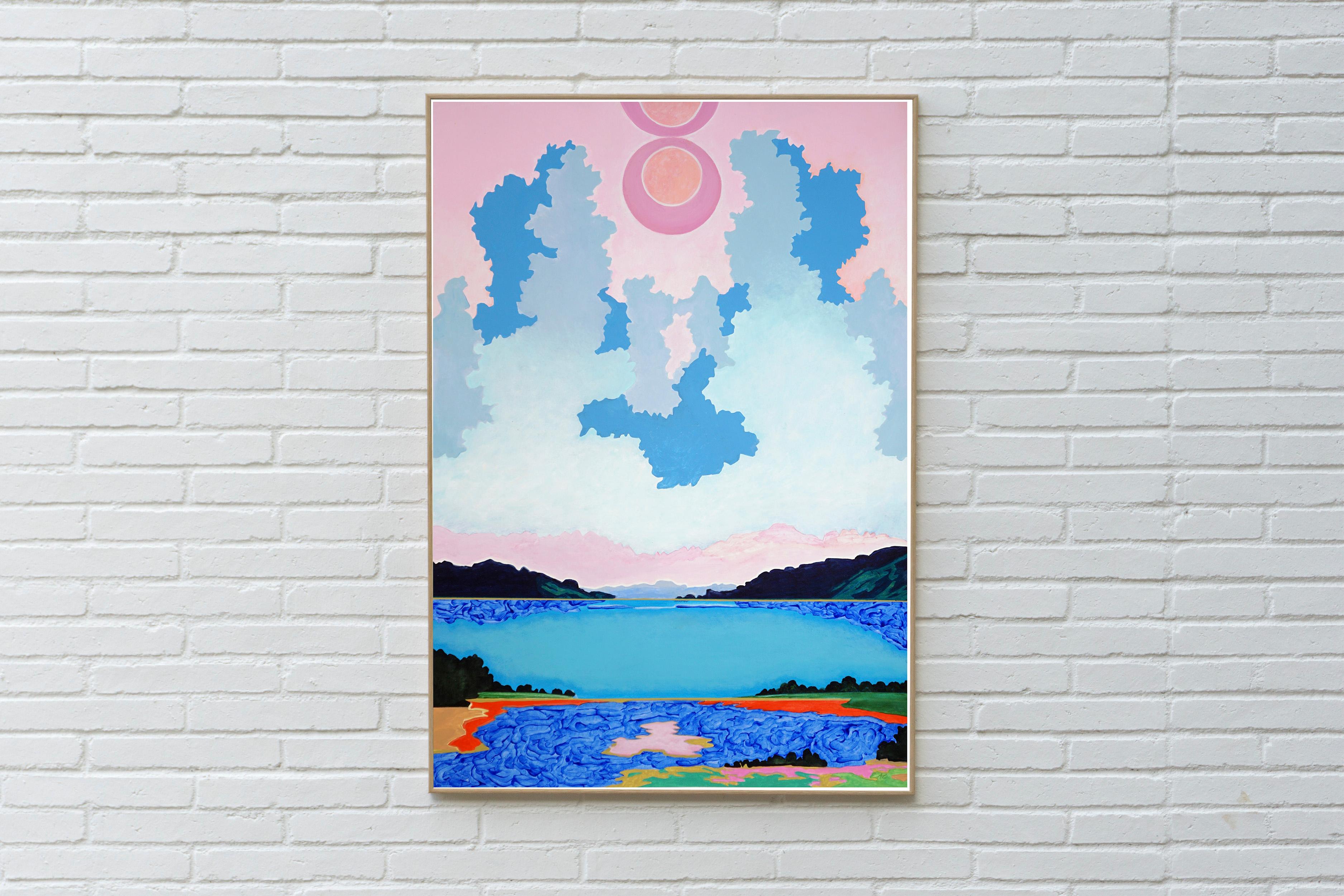 Das schwebende Edikt des Potentials, zartes Rosa und Blau, surreale magische Landschaft (Grau), Figurative Painting, von Alexandra Czierpka