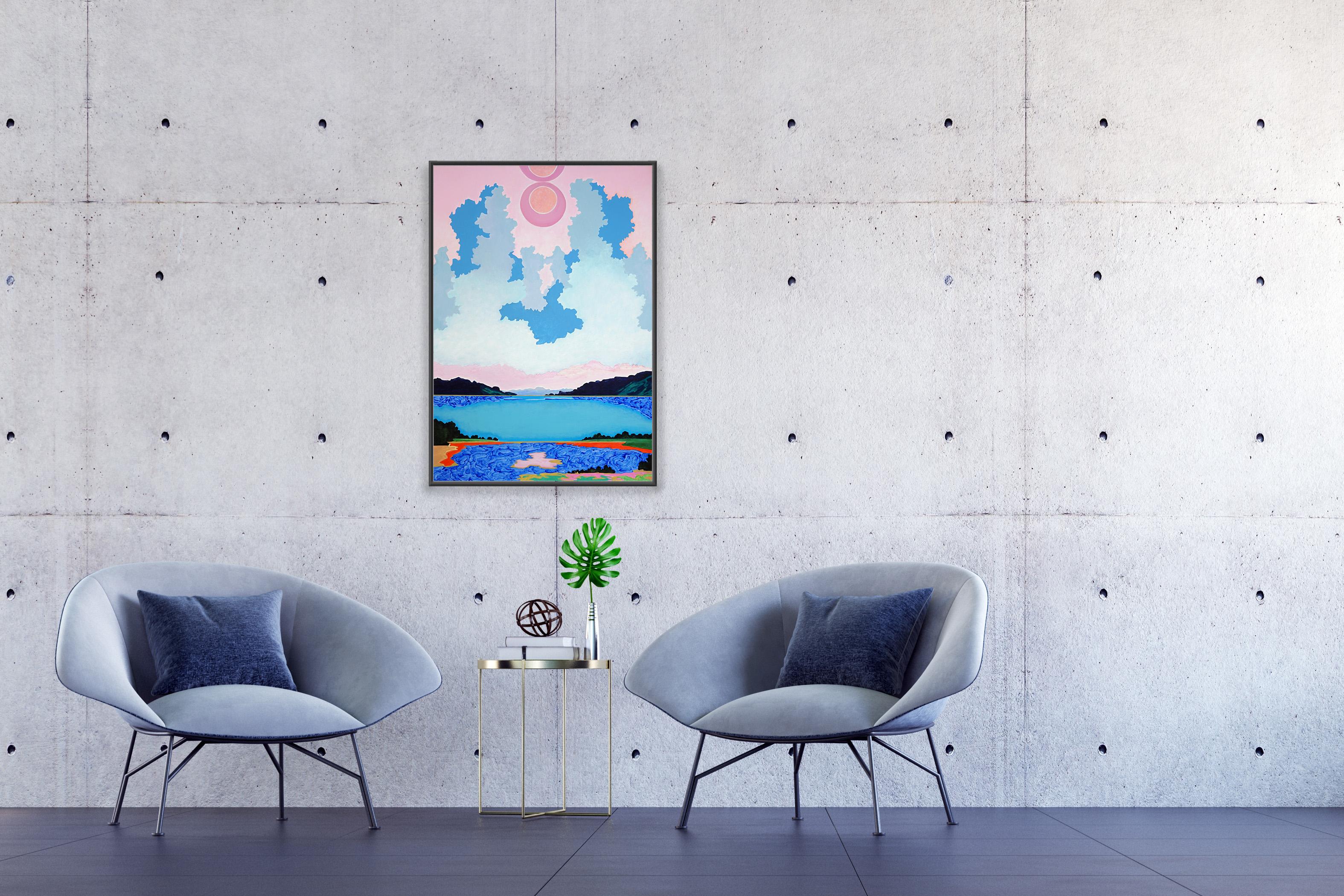 Das schwebende Edikt des Potentials, zartes Rosa und Blau, surreale magische Landschaft im Angebot 1