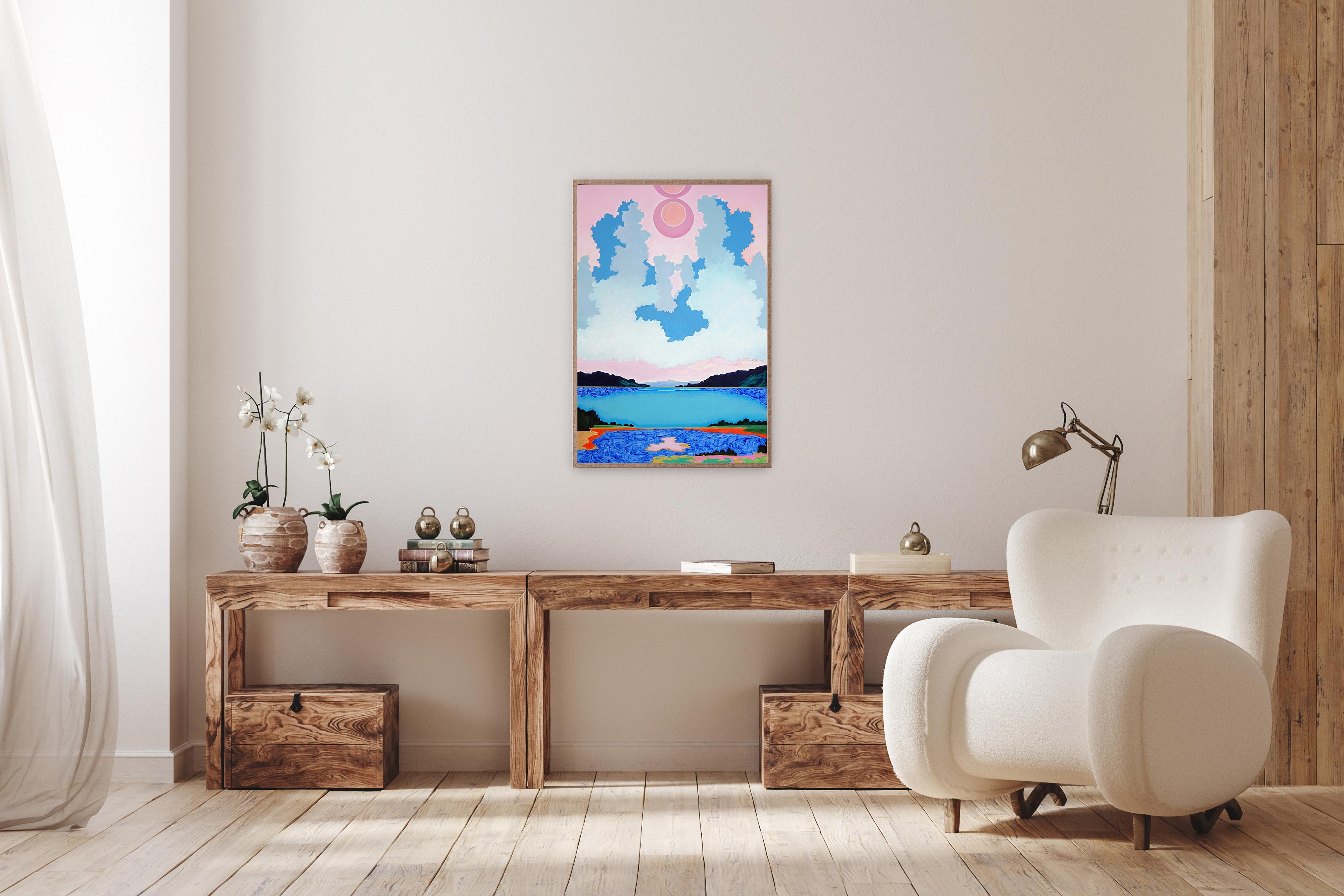 Das schwebende Edikt des Potentials, zartes Rosa und Blau, surreale magische Landschaft im Angebot 2