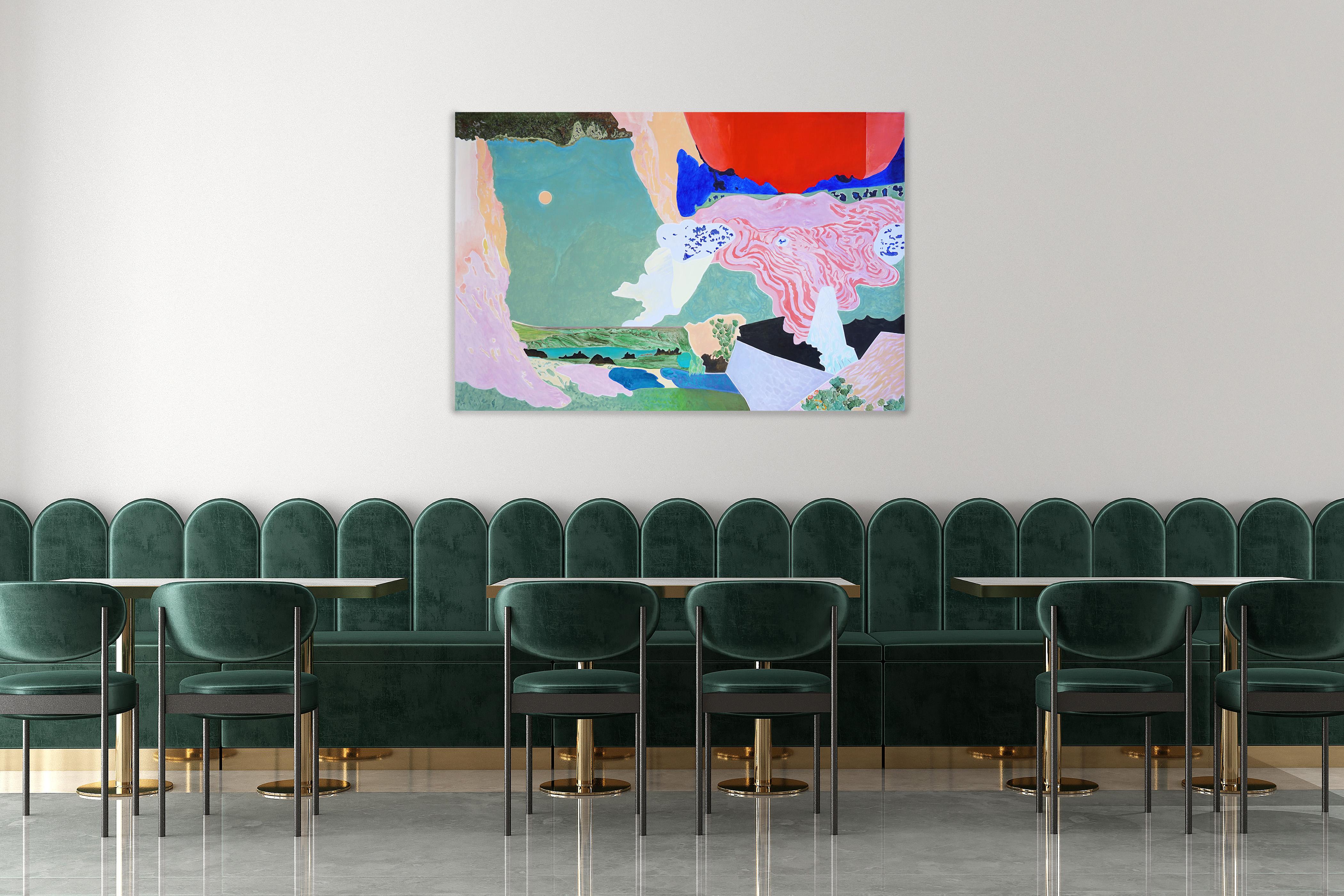 Las Cascadas de la Garrotxa, Paisaje Surrealista, Tonos Vivos, Acrílico sobre Lienzo - Painting de Alexandra Czierpka